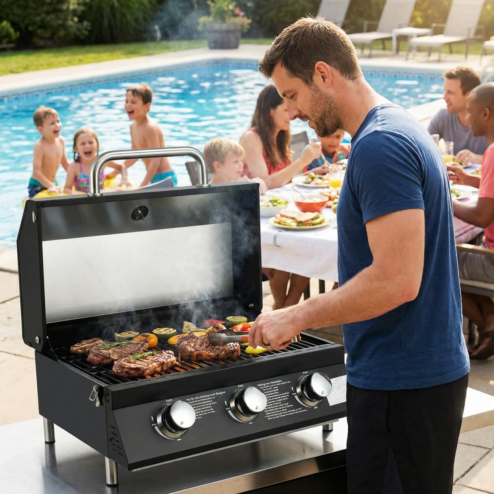 TLSUNNY 3 Brenner Gasgrill Klein, Kompakt Tischgasgrill mit Emaillierter Grillrost, Thermometer, Camping Gasgrill Tragbarer für BBQ, Balkon, Garten, 6.6kW, 60 x 33 cm Grillfläche, 4PCS Füße, Schwarz