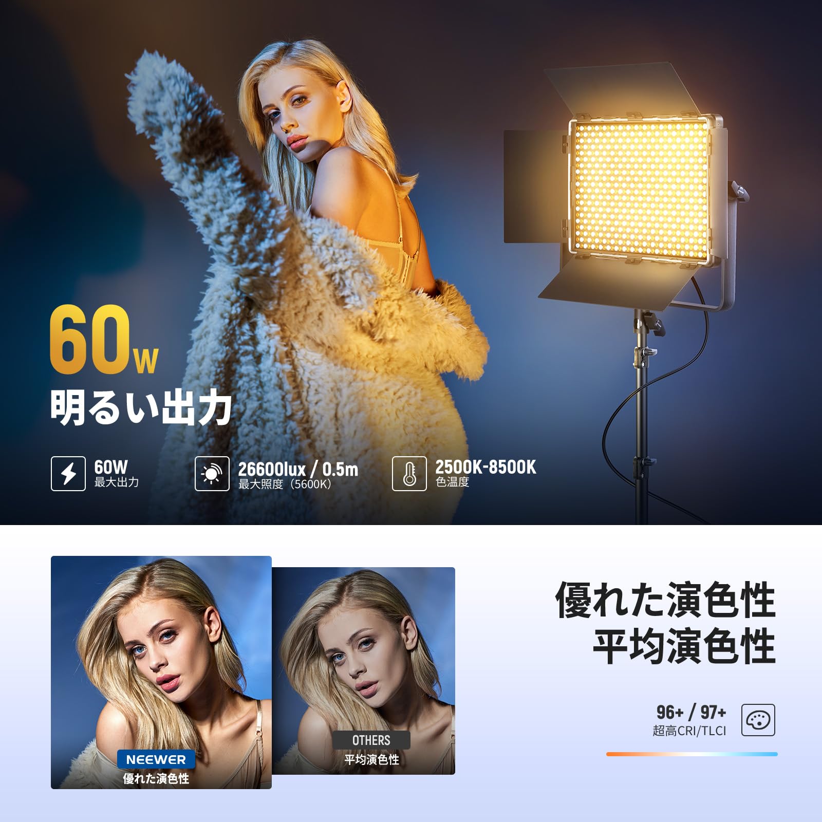 Amazon.co.jp: NEEWER PL60B LEDビデオライト 60W 撮影ライト APP/2.4G