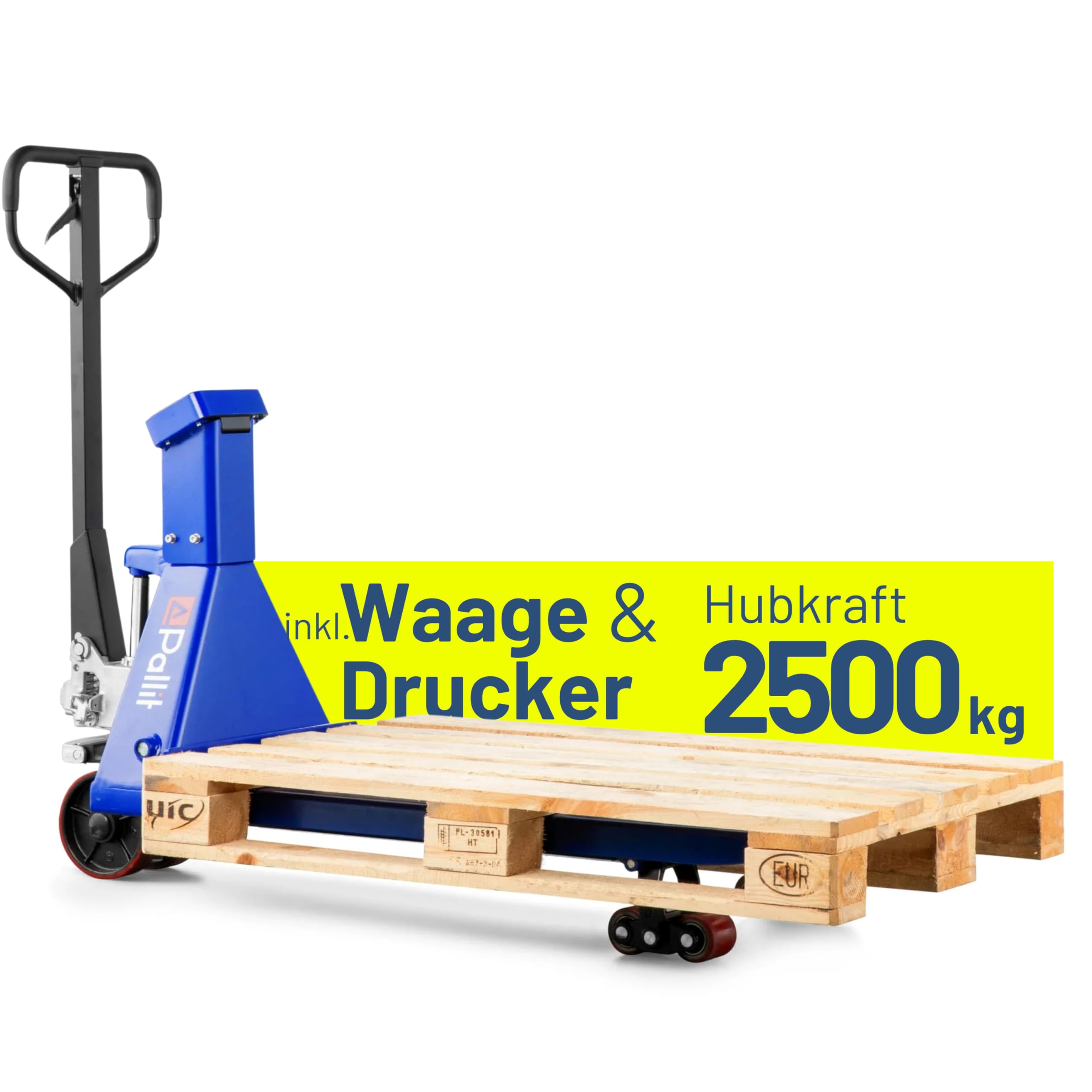Pallit Profi Hubwagen mit Waage und Drucker 0,5kg Schritte 2500kg Tragkraft 1150mm Gabellänge | PU Rollen Gabelhubwagen Handhubwagen Palettenwagen Palettenhubwagen Scale+P Wiegehubwagen Displaywaage