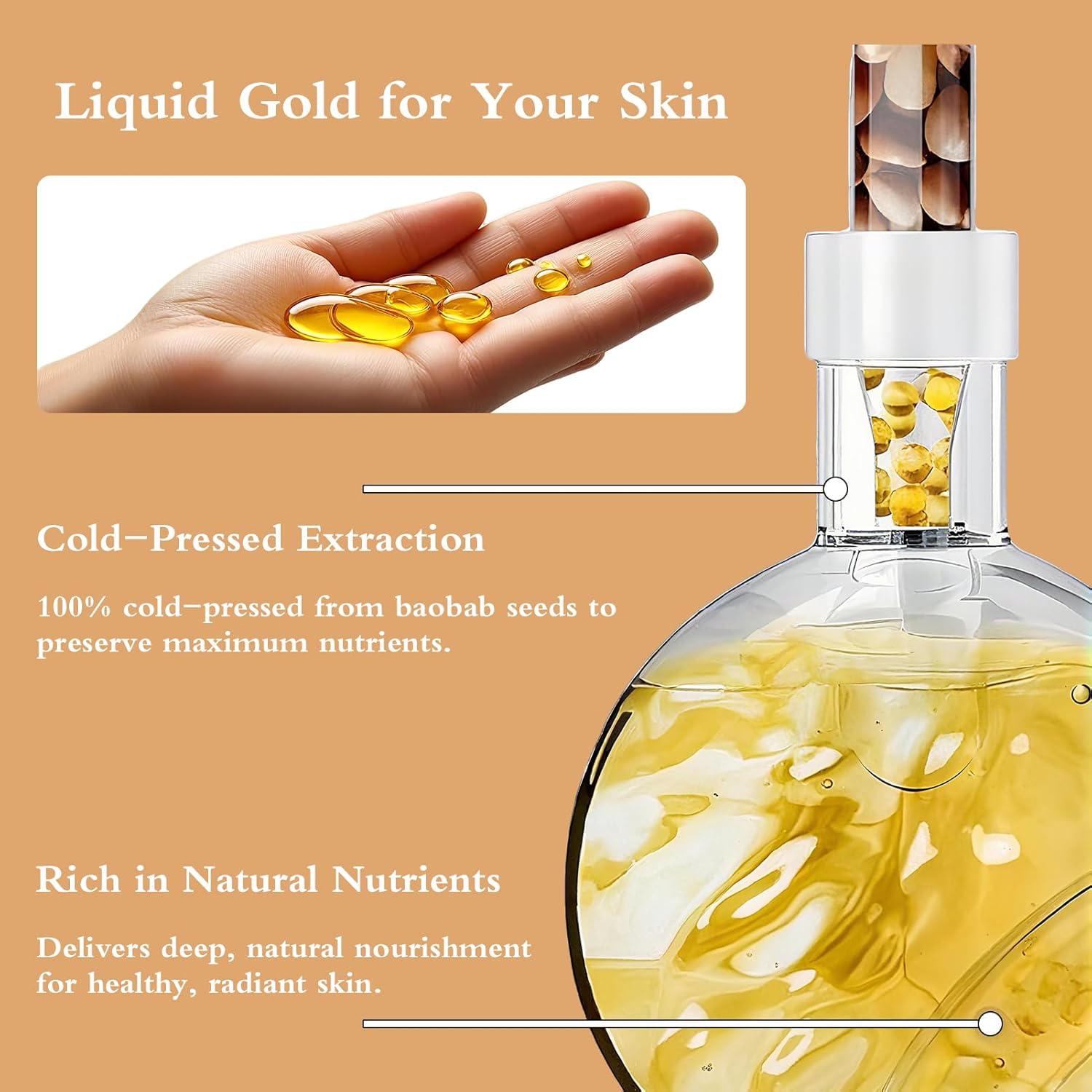 HEPBURN Baobab Seed Oil – 30ml | 100% Cold-Pressed, Natural Moisturizer & Nourishing Carrier Oil for Face, Body & Hair | Anti-Aging, Repairing, Soothing | Dropper Glass Bottle