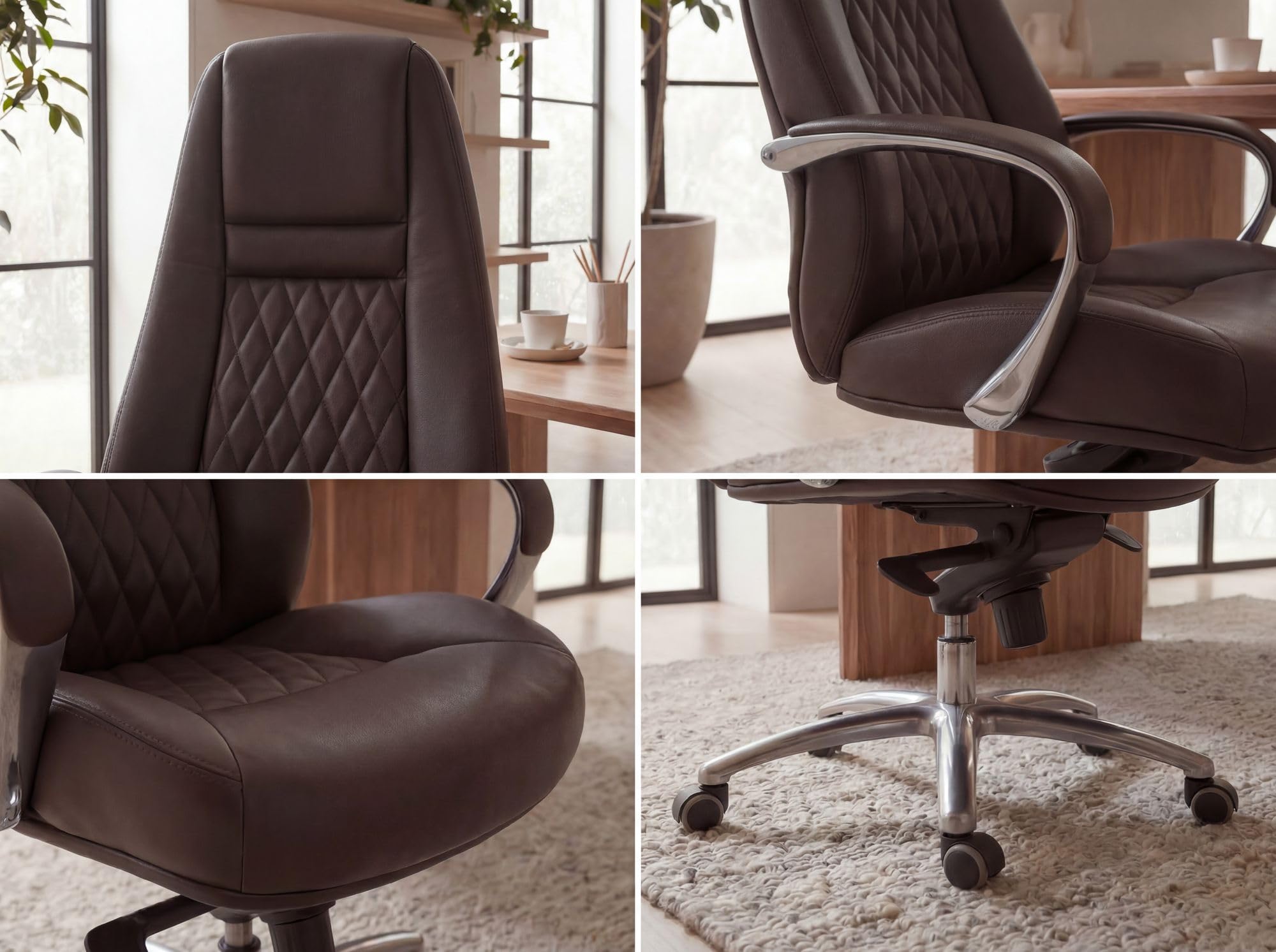 FineBuy Sedia Ufficio Vera Pelle Marrone Poltrona Scrivania Ergonomica | Design Sedia con Ruote & Braccioli | Sedia Girevole Imbottita Studio