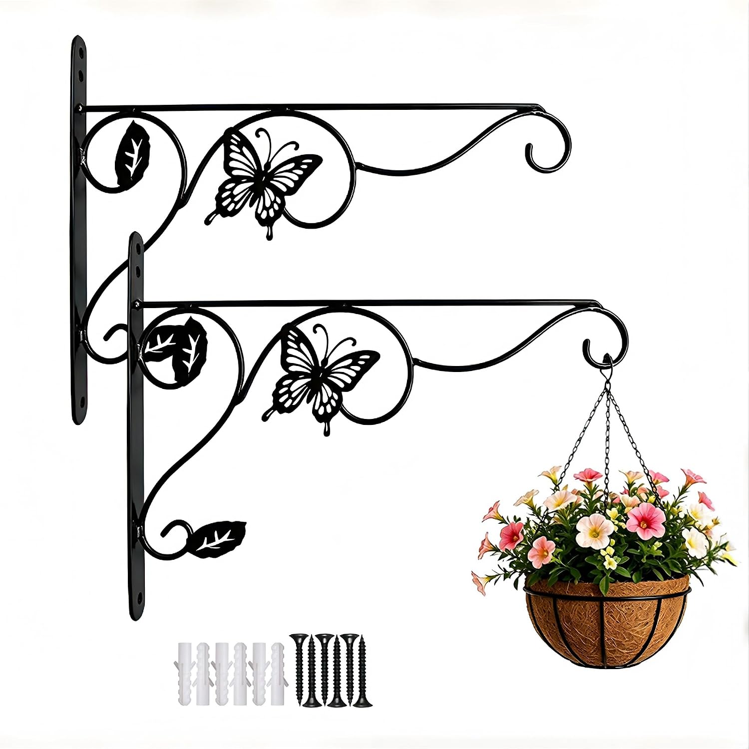 2 Pack Heavy Duty Plant Hangers, 12 Inch Rustproof Metal Wall Mount Plant Hooks for Outdoor Indoor, Decorative Hanging Brackets with Butterfly Design for Bird Feeder, Black