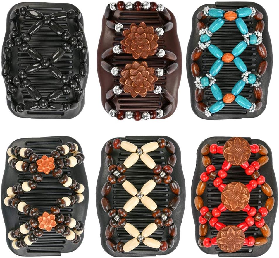 TIMESETL Beads Hair Combs, 6 pcs Elastic Magic Wood Beads Double Hair Comb Clip Stretchy Hair Accessories for Women Girls
