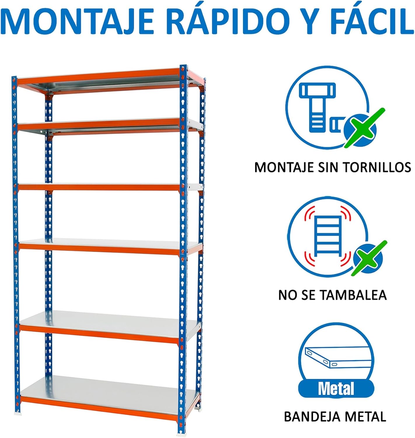 Simon Rack Metal Shelf, 2500x800x400 mm, 6 Heights, Metal Tray, 180 kg Flex Point, Storage Shelf, Blue/Orange/Galva - Simonclick