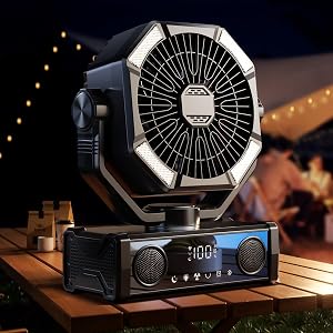 Camping Fan with 5.3 Bluetooth Speaker, 25000mAh Portable Fan Rechargeable with 5 Speed Touch Control & 3-Mode LED Light, Remote, USB/Type-C Ports, 1-8H Timer for Party, Travel, BBQ, Indoor