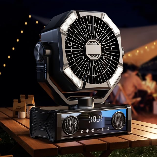 Camping Fan with 5.3 Bluetooth Speaker, 25000mAh Portable Fan Rechargeable with 5 Speed Touch Control & 3-Mode LED Light, Remote, USB/Type-C Ports, 1-8H Timer for Party, Travel, BBQ, Indoor