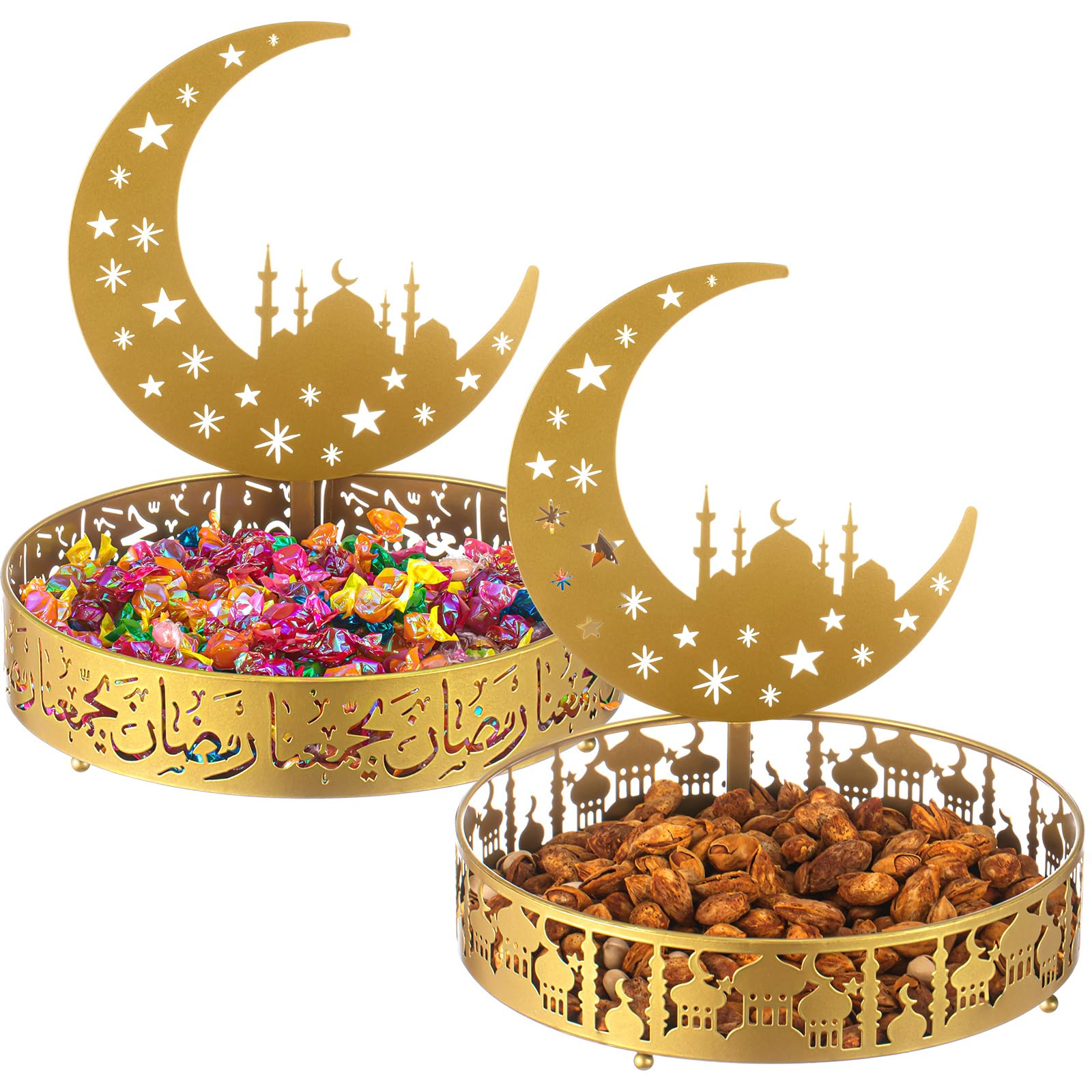 2 Stück Ramadan Tablett Metall Eid Mubarak Tablett Ramadan Serviertablett Runde Muslimische Desserttabletts aus Metall Lebensmittelaufbewahrungsbehälter für Muslimische Tischdekoration
