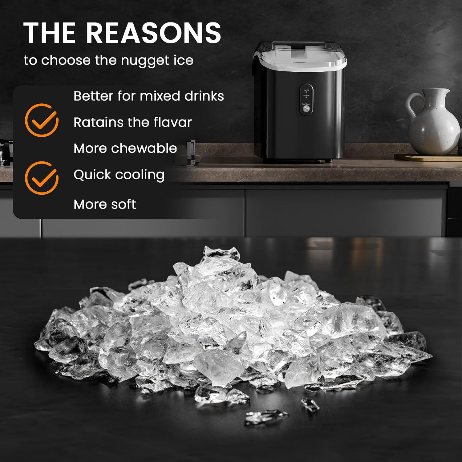 Soft Chewable Nugget Ice Maker, 35Lbs/24Hrs, Self-Cleaning Countertop Pebble Ice Machine with Basket & Scoop for Home, Bar, or Entertaining,Black