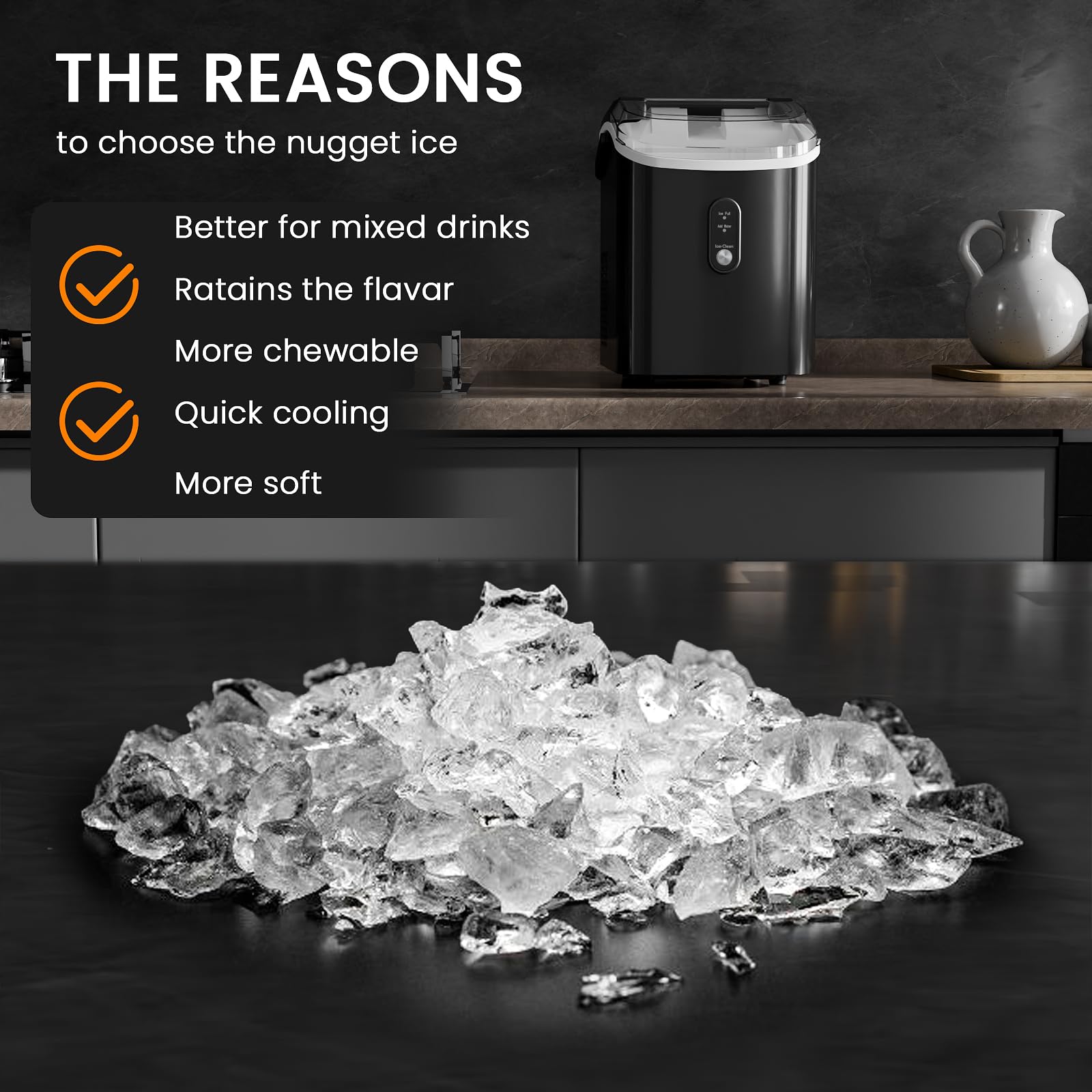 Soft Chewable Nugget Ice Maker, 35lbs/24hrs, Self-Cleaning Countertop Pebble Ice Machine With Basket & Scoop For Home, Bar, Or Entertaining,Black on Fridge.com - View 4
