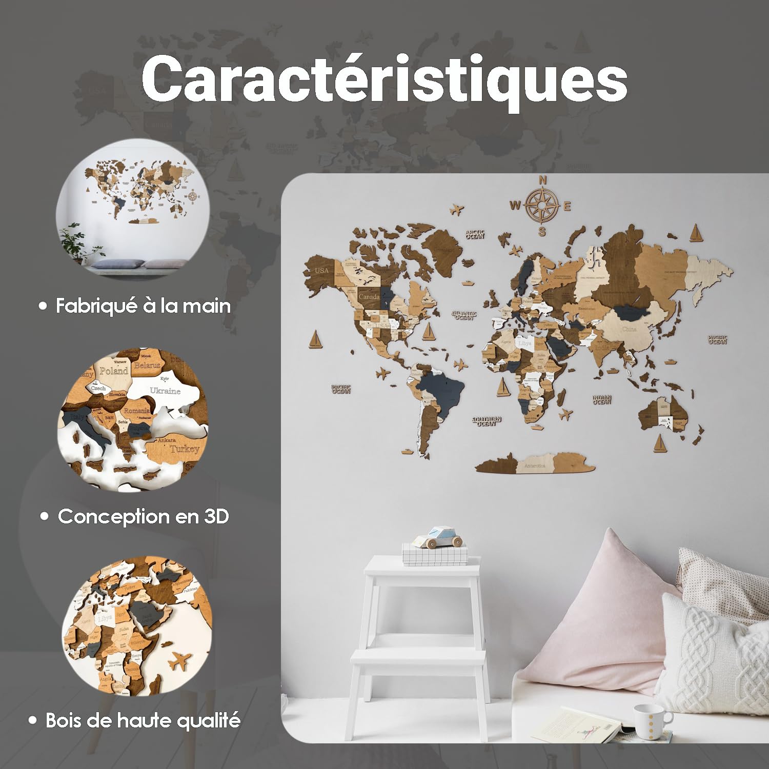 WoodLeo Carte du monde en bois (en français) - Décoration murale 3D - Taille de la carte (M, L, XL) - Art mural pour la maison, la cuisine ou le bureau