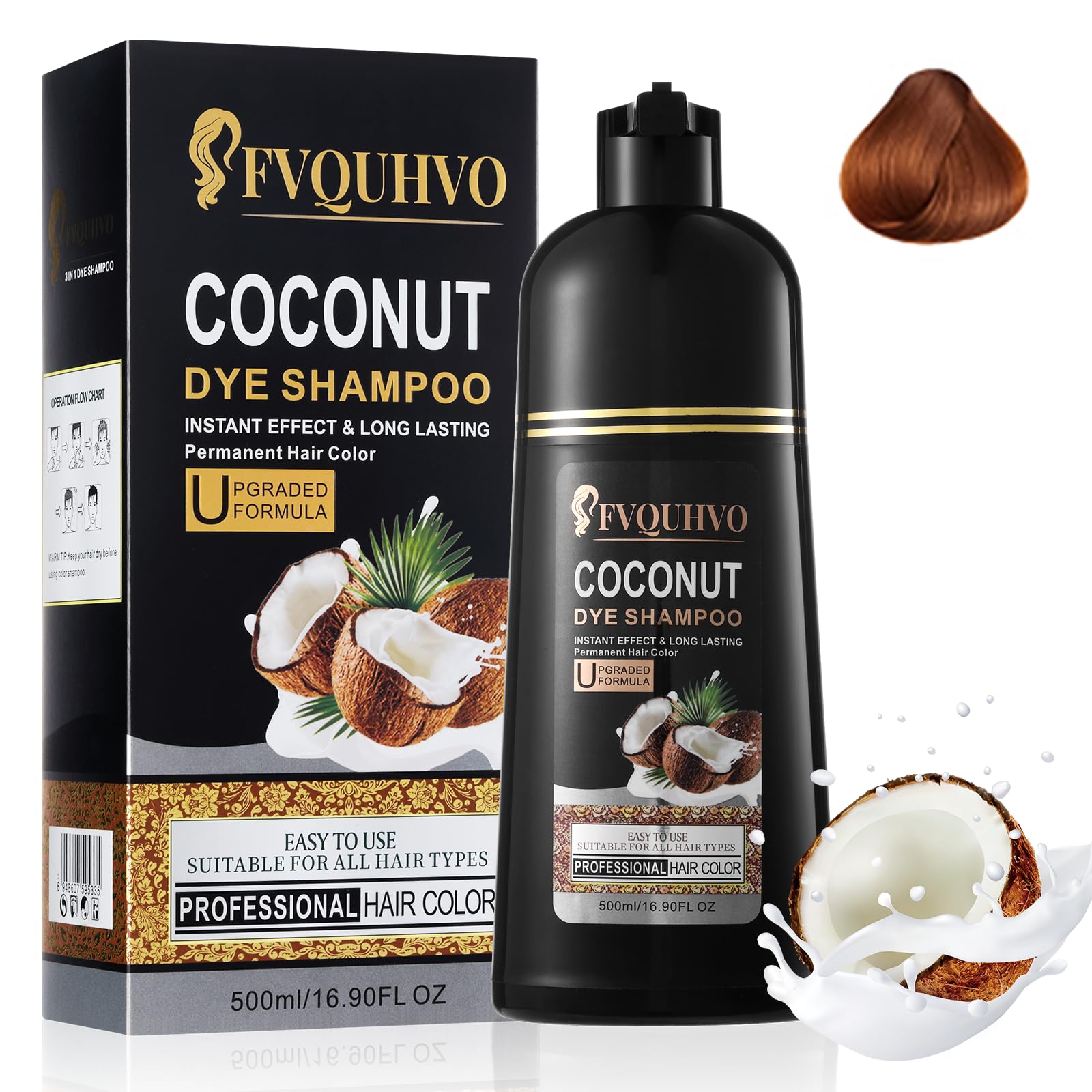 Coconut Chestnut Brown Hair Dye Shampoo Hair Color Shampoo,Instant Brown Hair Shampoo 3 in 1,Brown Hair Dye 16.90Fl Oz for Women Men,Long lasting & Easy to Apply Brown Shampoo for All Hair Types
