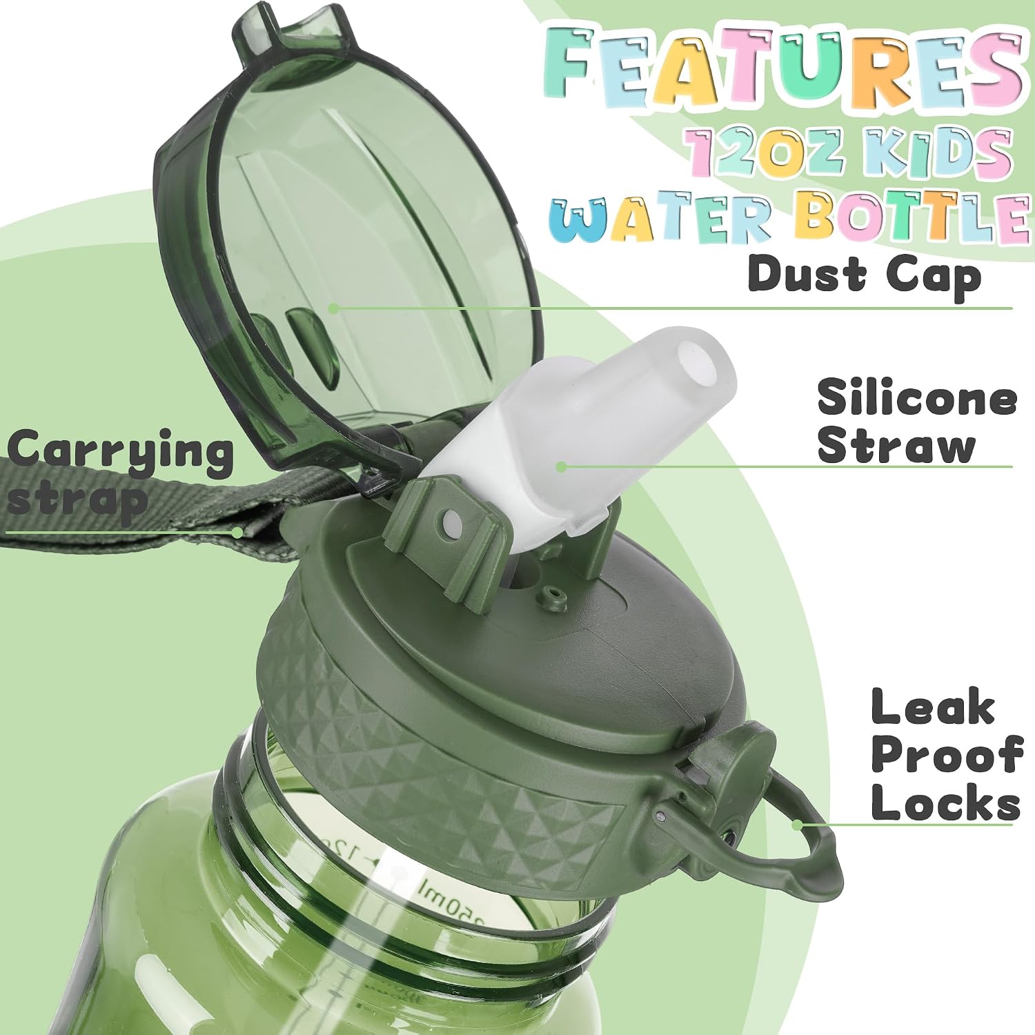 OLDLEY 12oz Kids Water Bottle, Tritan BPA-Free, Leakproof Flip Straw Lid, Motivational Time Marker, Carry Strap, Reusable Clear Water Bottle for Boys & Girls,Jade image 4