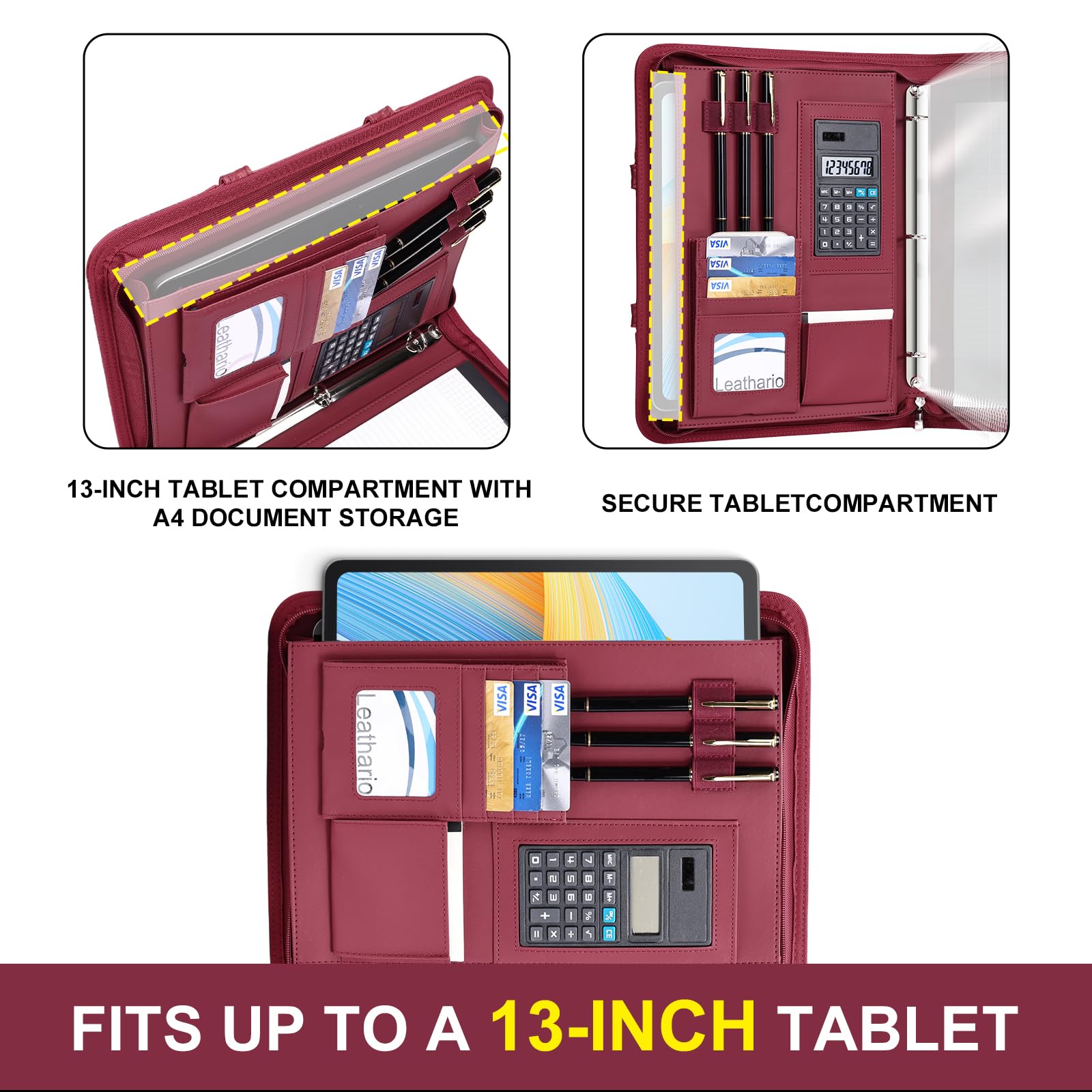 Leathario Carpeta de cartera con asa, carpeta con cremallera y carpeta de 3 anillas, incluye 1 bolígrafo y 10 divisores, piel sintética vegana, se adapta a tabletas de 13 pulgadas, calculadora solar
