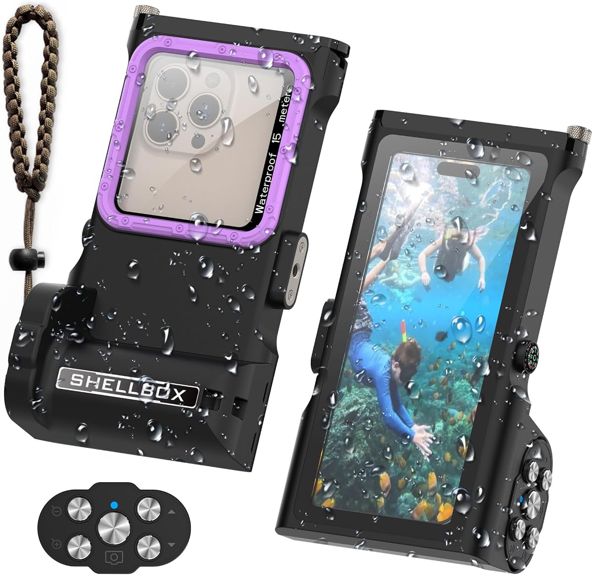 Bluetooth Control Scuba Diving Case 15M Waterproof Phone Cover | for Snorkeling Swimming, Universal Underwater Housing for iPhone Samsung Google Pixel Pro Max Plus Ultra, Black Purple