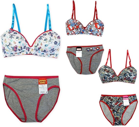 Amazon レディース インナー ブラジャーショーツセット ペア ルーニーテューンズ Marvel バットマン ソフトカップ ノンワイヤー キャラプリント入り 綿混 下着 肌着 婦人 セット 通販