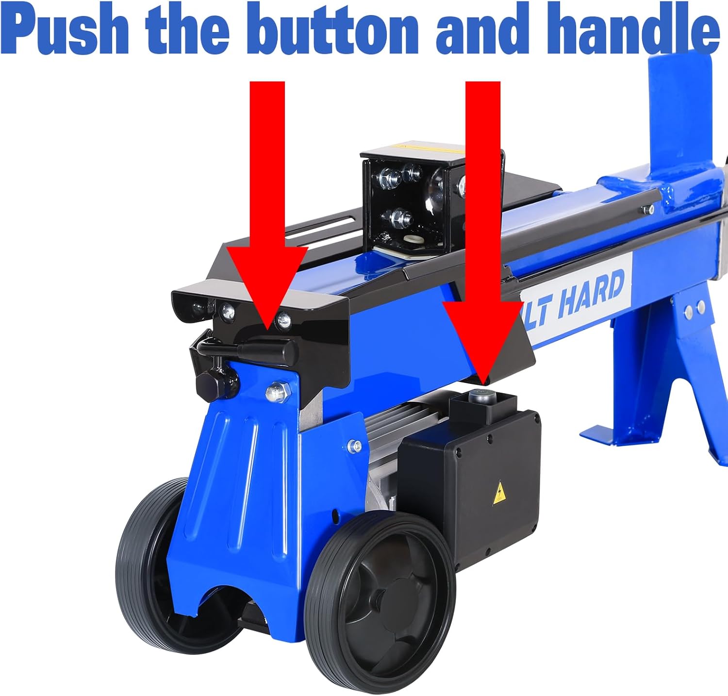 Close-up of the log splitter's control handle and push button, indicated by red arrows.