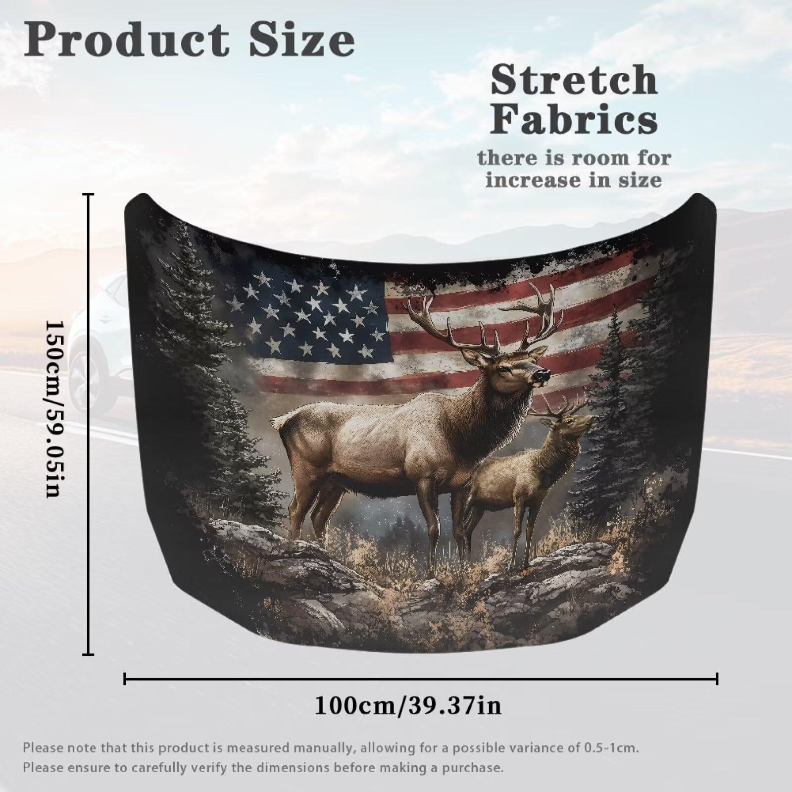 Qiyupavto Deer American Flag Hood Cover for Car SUV Sedan Truck Waterproof Elastic Polyester Car Hood Protector Patriotic — view 6
