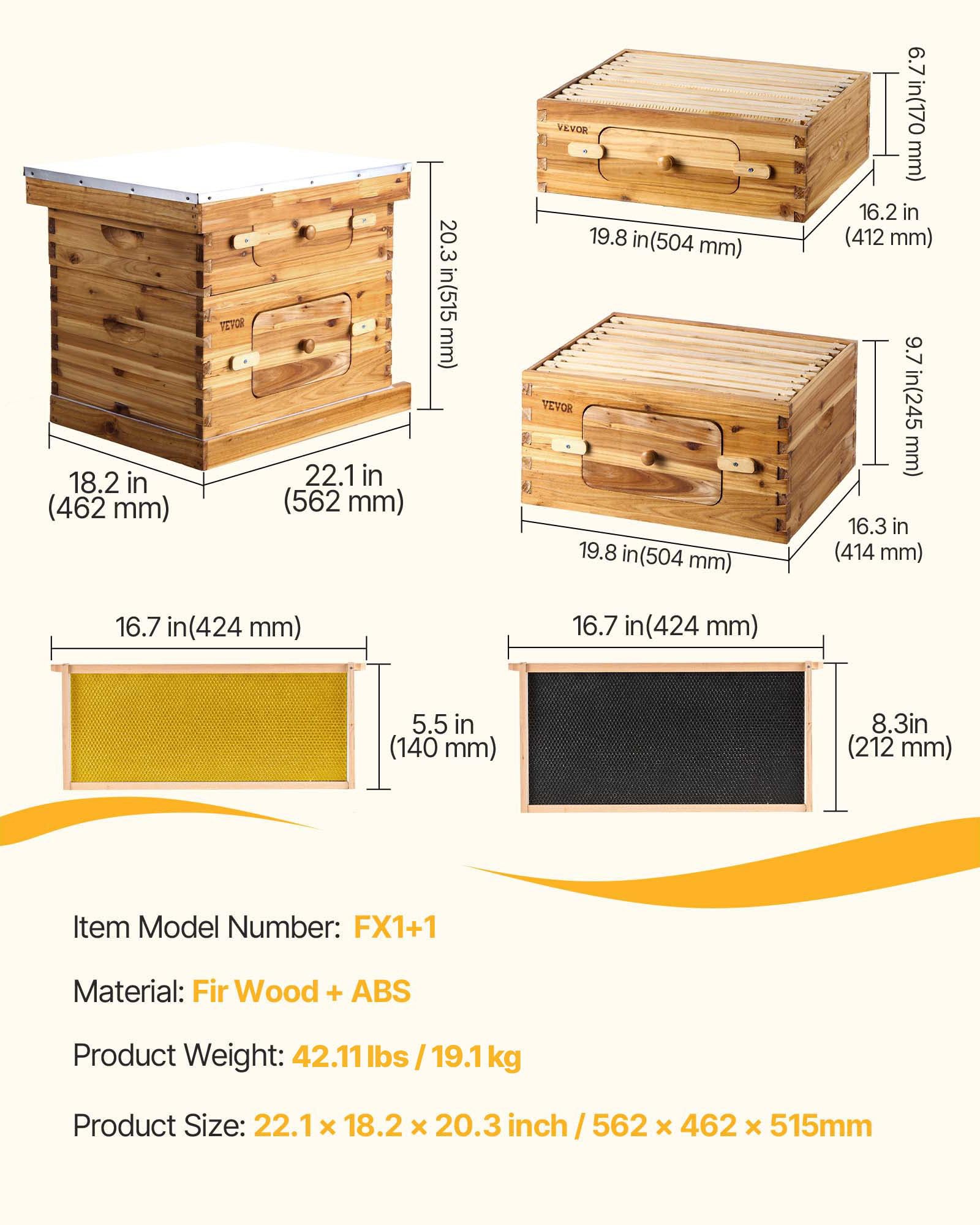 VEVOR Bienenstock, 20 Rahmen, Bienenbeute Zander, mit Bienenwachs beschichtetes Tannenholz, 1 tiefer + 1 mittlerer Bienenkasten, Langstroth-Bienenstock-Set, transparente Acrylfenster mit Fundamenten