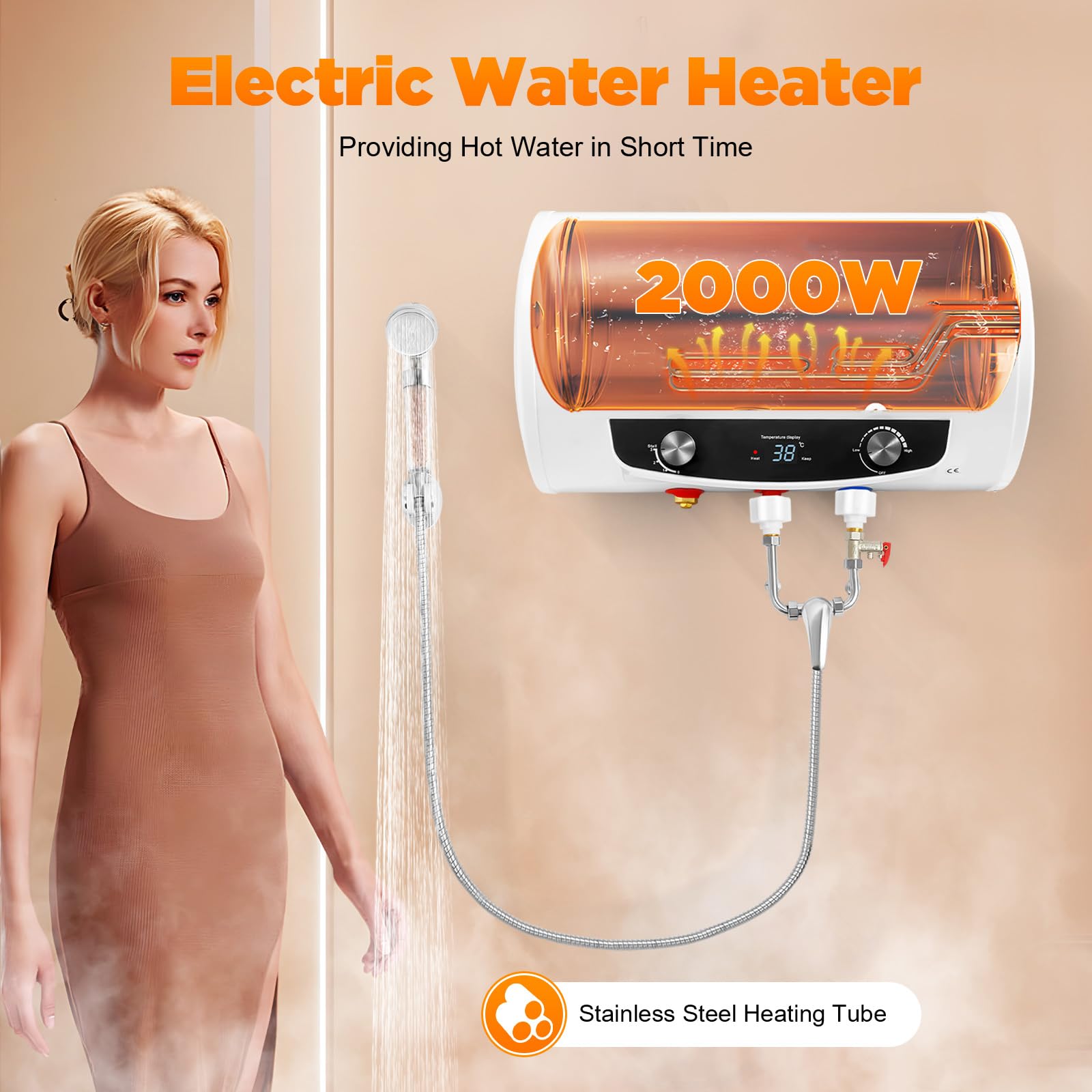 Scaldabagno elettrico da 35 l, 2000 W, montaggio a parete, antiruggine, livello di impermeabilità IPX4 e temperatura regolabile da 25 a 75 °C