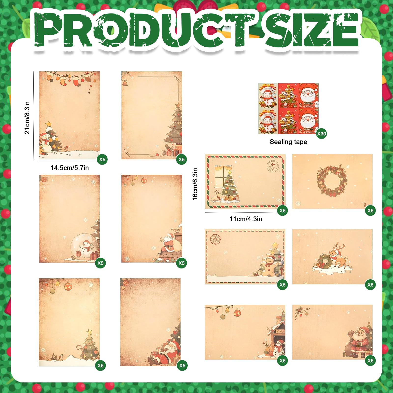 120 Pcs Christmas Writing Papers and Envelopes Set Xmas Vintage Stationery Paper Stationery Paper Letter with Envelopes, 60 Sheets Xmas Holiday Paper+30 Kraft Festive Fun Envelopes+30 Stickers - Image 2