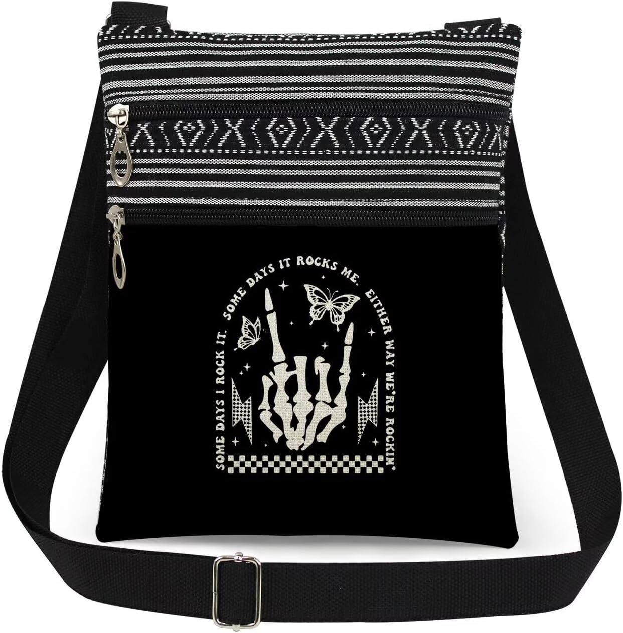 Skeleton Rock Hand Print Woman Crossbody Bag Adjustable Man Shoulder Bag with Zipper Edgy Gift for Concert Nights Unisex Birthdays Outdoor Travel Messenger Bags