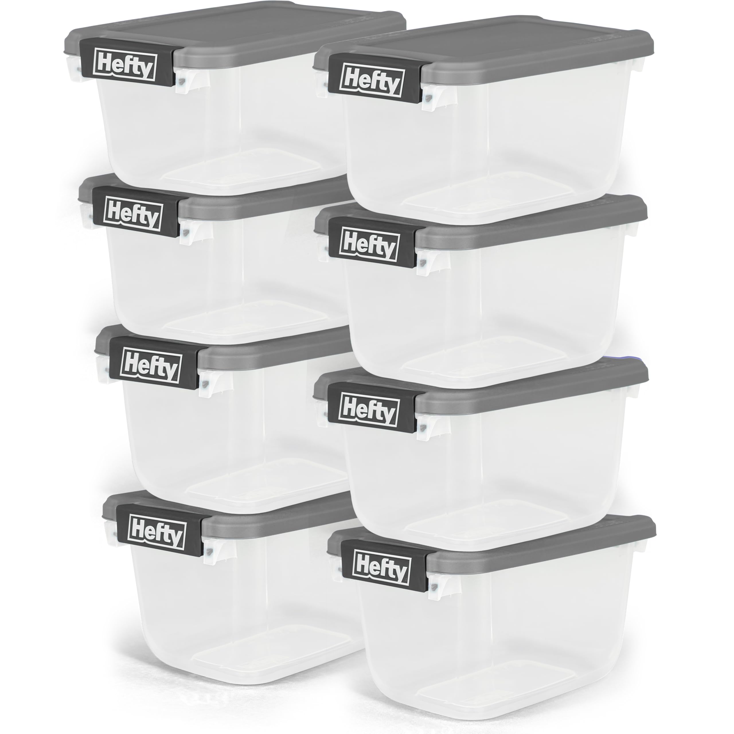 Hefty 6.5 Qt Flat-Lid Storage Bin with Lid, Stackable Plastic Storage Container, Organizer for Home, Office & Classroom, 8 Pack, Gray