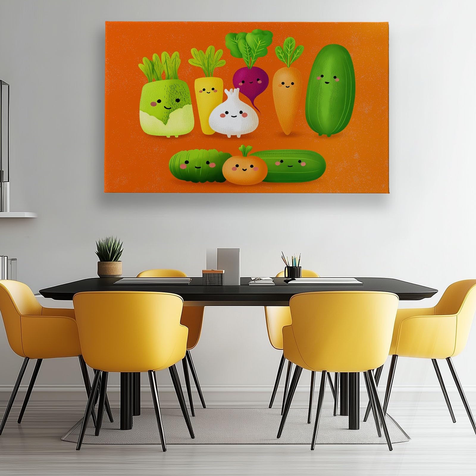Generisch Lebensmittel Gemüse Gurke Karotte Modernes Leinwandbild 100L x 75B cm mit Rahmen, Cartoon XXL Wanddeko für Wohnzimmer Geschenk Idee Einzug - Hochwertiger Kunstdruck auf Holzrahmen