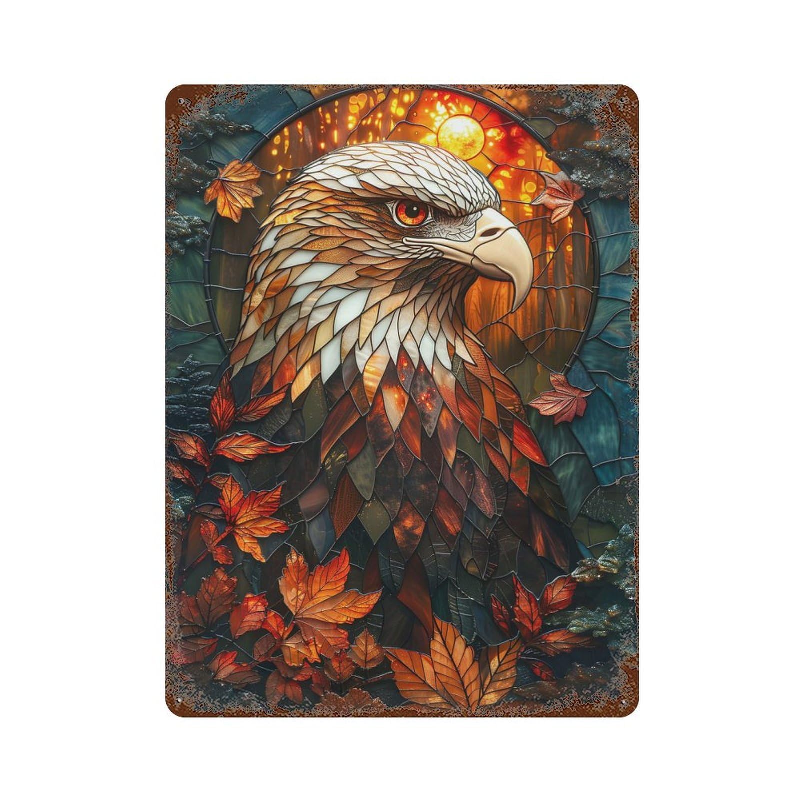 Abstract Eagle Stained Gl 15.7"x11.8" Vintage Rust Metal Sign, Decorative Metal Wall Art for Farmhouse, Kitchen And Entryway Decor