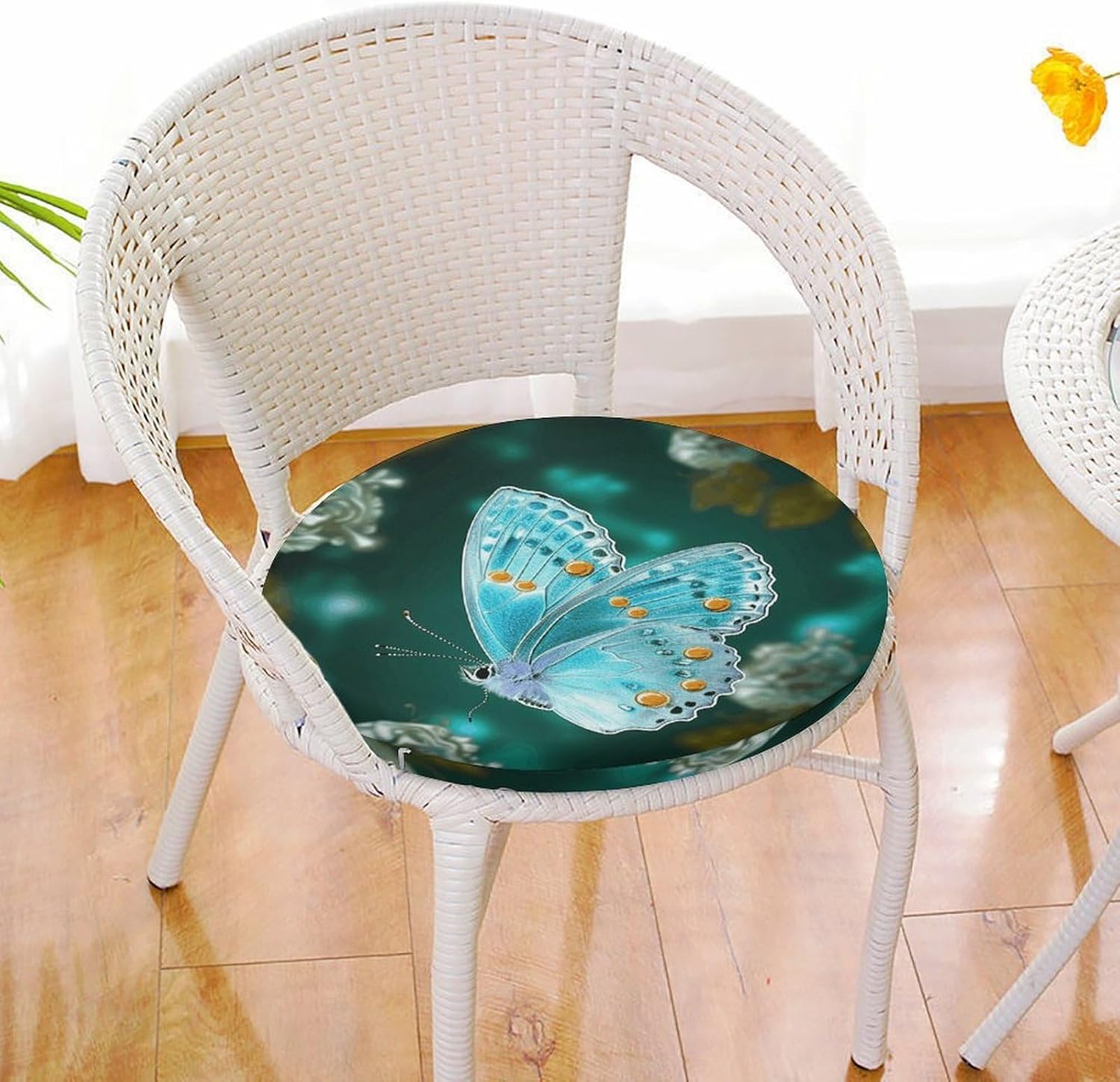 Light Blue Butterfly Round Cushion Memory Foam Seat Cushions 15In Comfort Meditation Floor Pillow Anti Slip Soft Stool Cushion Chair Pad for Tatami Living Room Yoga
