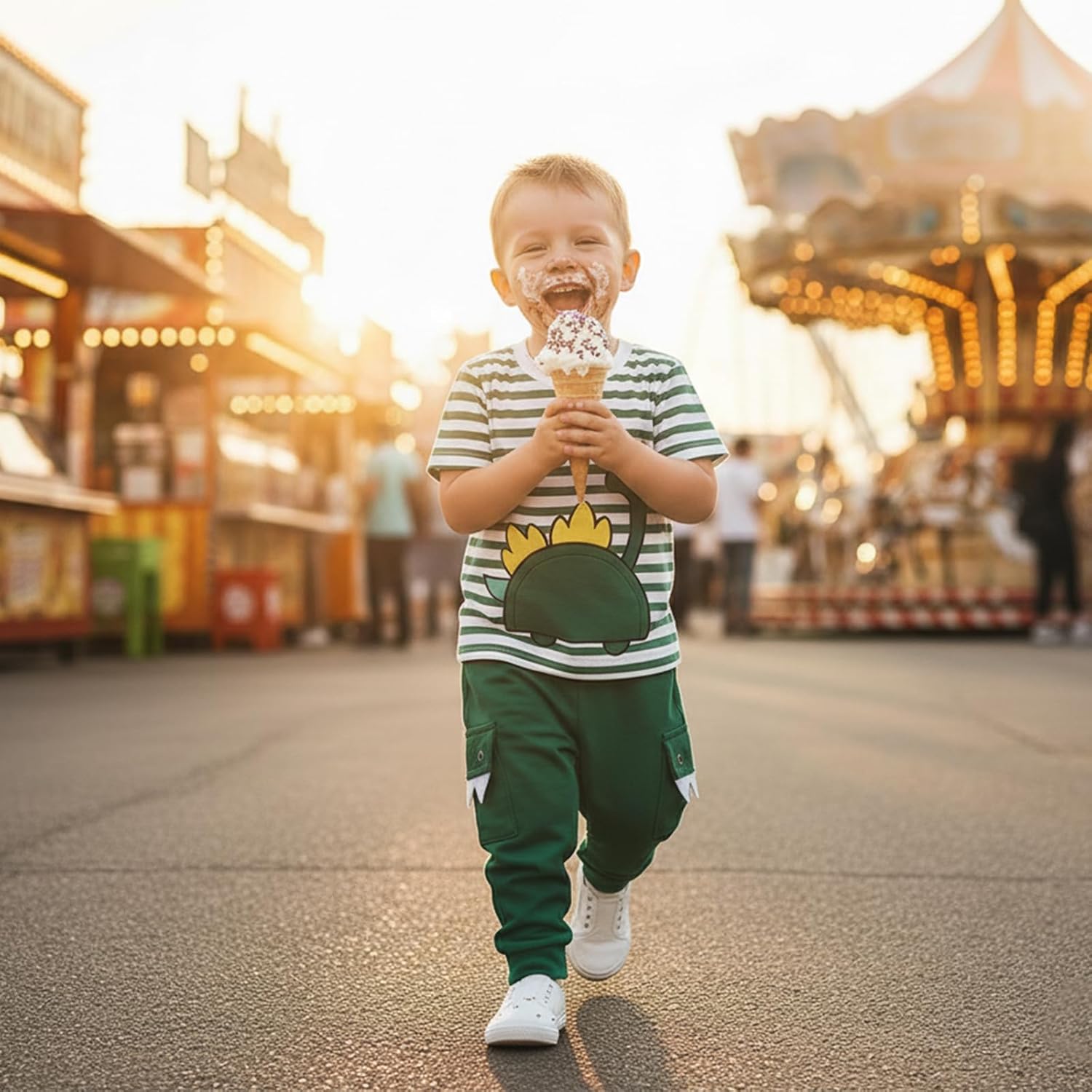 Toddler Baby Boy Summer Outfit Dinosaur Striped Short Sleeve Shirt Matching Pocket Pants Set Boys Clothes Outfits - Image 5