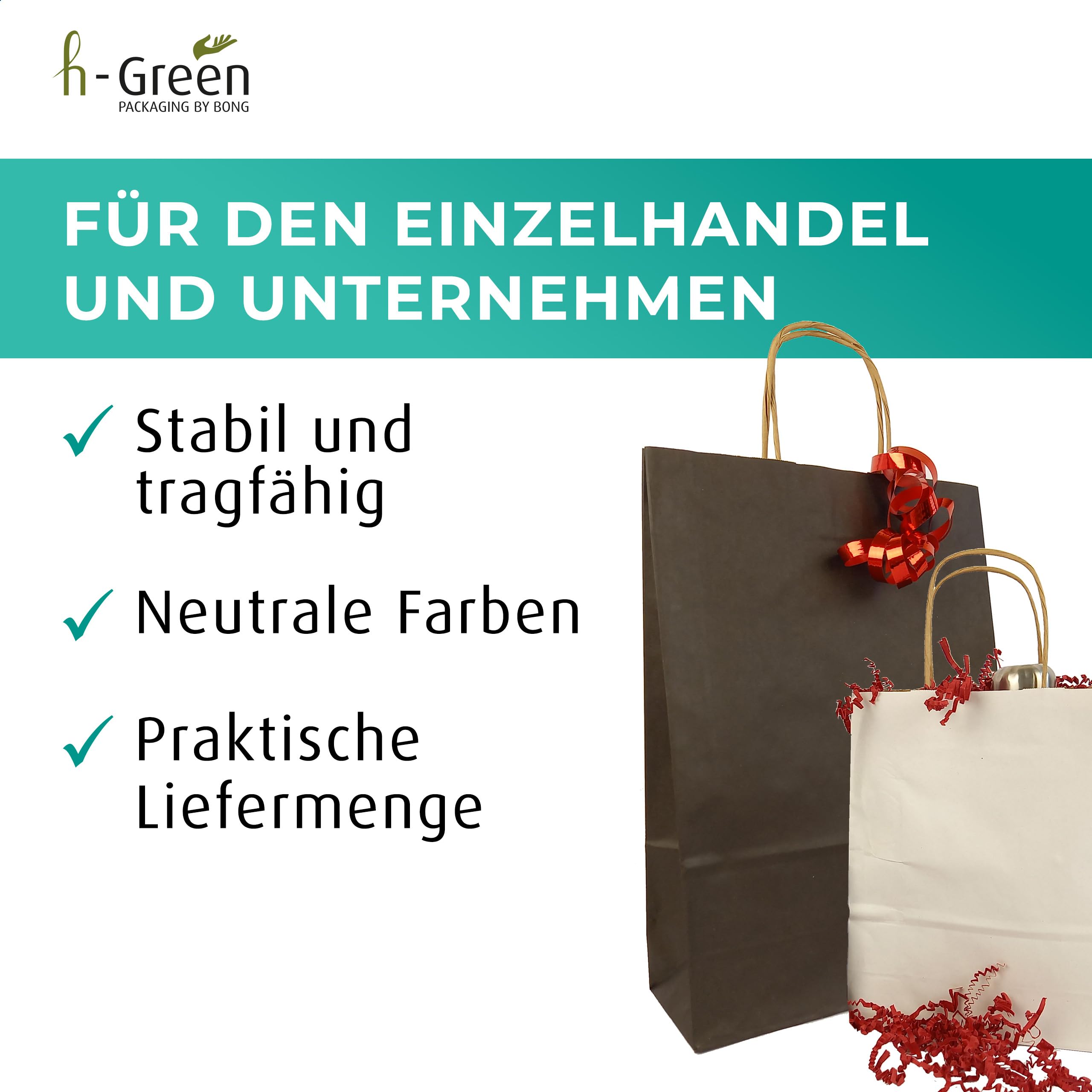 h-Green Papiertüten mit Henkel 320x420x150 mm (200 Stück), tragbare Papiertüten mit 7kg Tragfähigkeit, recycelbare Geschenktüten aus FSC® zertifiziertem Recycling-Kraftpapier, 100g/m², schwarz