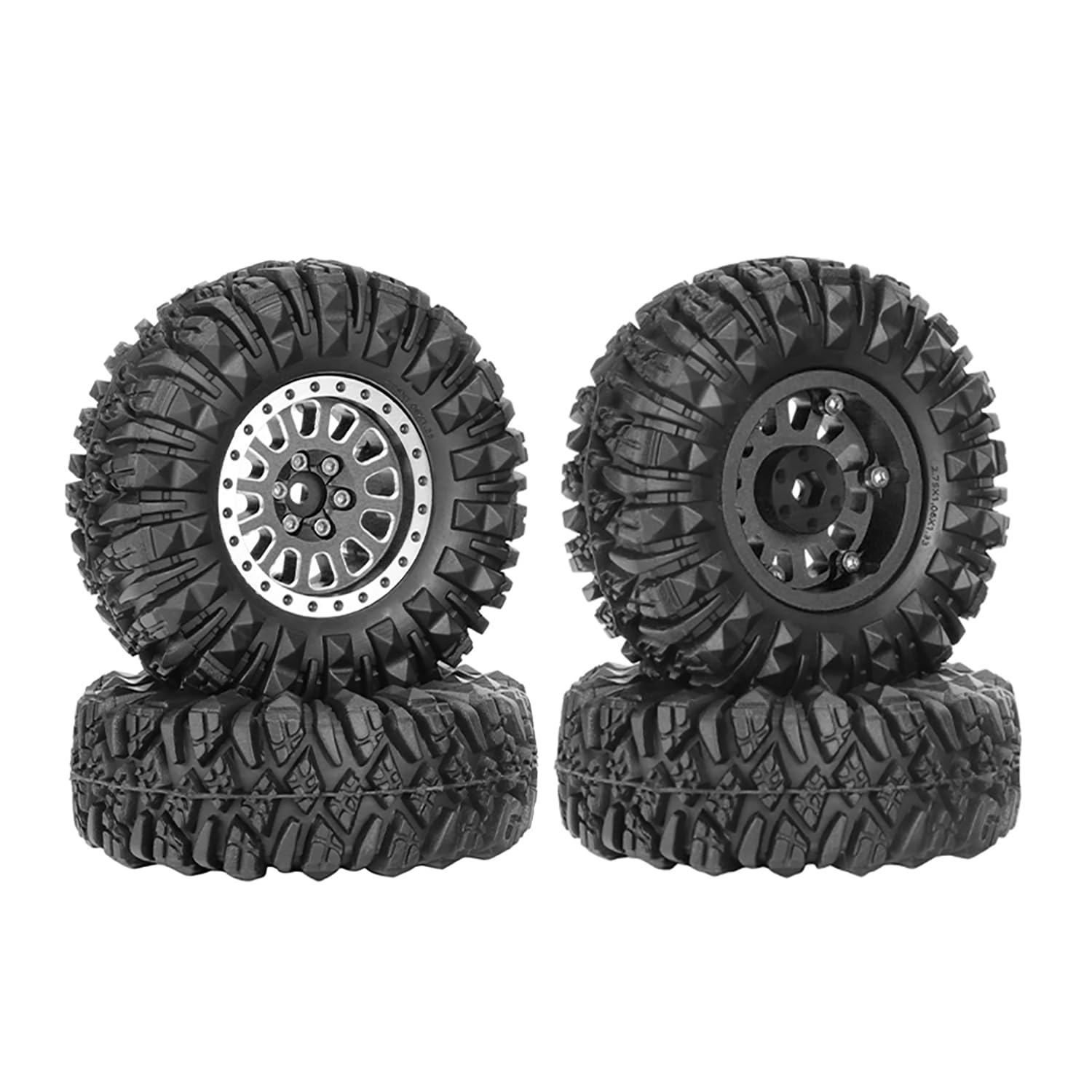 KINGCOO 4PCS 1.33" Aluminum Alloy Beadlock Wheel Rims All-Terrain Tyre 70mm Rubber Tires Set including 5mm & 7mm Hex for 1/12 1/14 1/18 1/24 RC Rock Crawler Car Upgrade Parts (B-Black) - Image 2