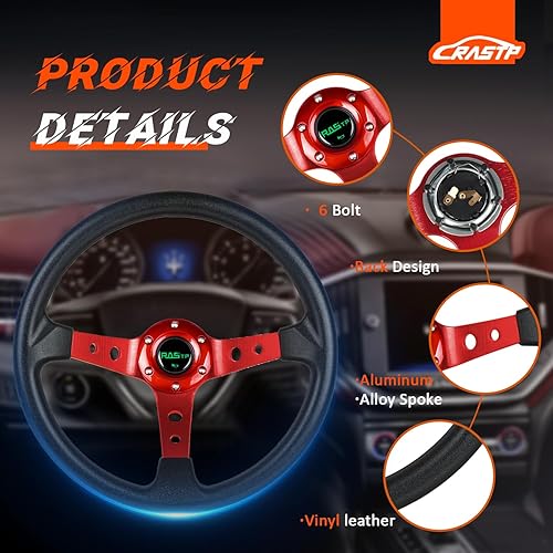 Miniatura 2 de RASTP Volante universal de carreras, volante de plato profundo a la deriva de 13.8 pulgadas, 6 pernos de agarre de cuero de vinilo y aluminio con