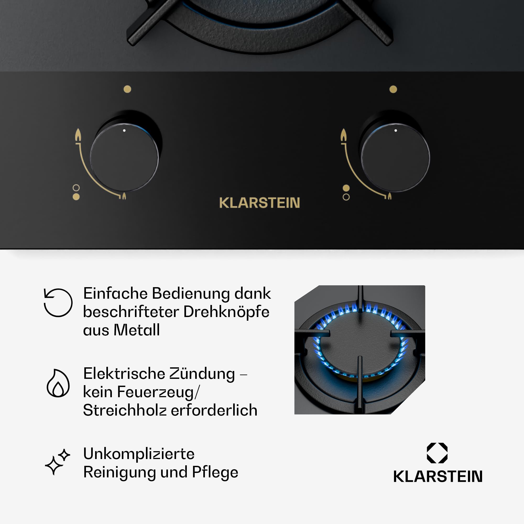 Klarstein Goldflame Nano Gaskochfeld, 2 Brenner, 30 cm, Messingbrenner und Gusseisenhalter, 4.200 W, Nanobeschichtetes Glas, Flammenschutz und Automatische Zündung, LPG/Erdgas-Umrüstsatz Inkl.