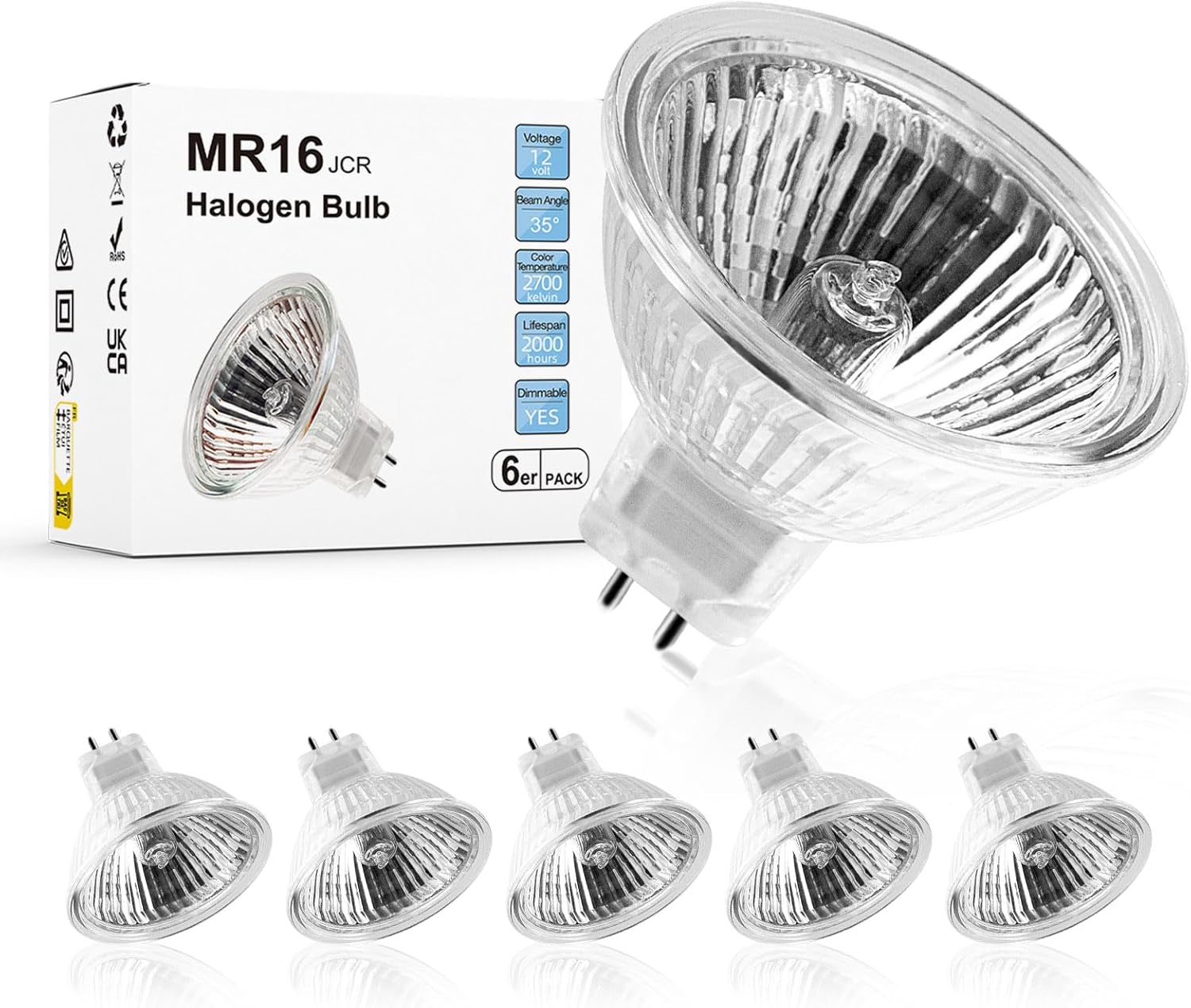 WeshLMPO MR16 Halogen Light Bulb 2 pin 35W 12V, GU5.3 Base for Landscape Lights, Track Lights, Fiber Optics, Desk Lamps, 2700K Warm White Dimmable, 6 Pack