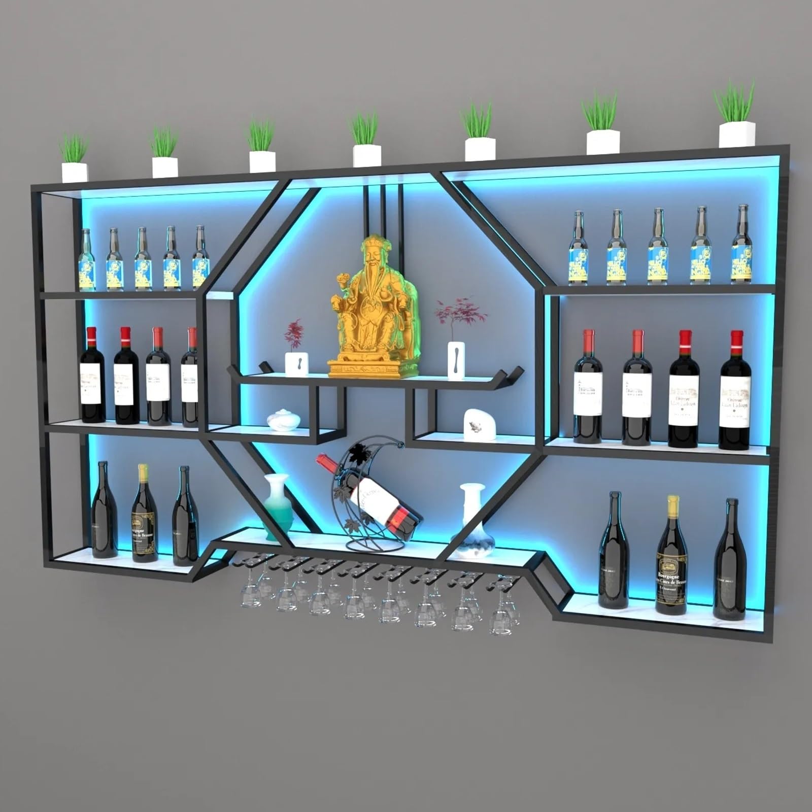 Estantes de Barra con luz LED para Montar en la Pared para el Bar de casa. Botellero de Metal Mejorado, Soporte para Botellas de Licor, Acabado Dorado decoración del Comedor.