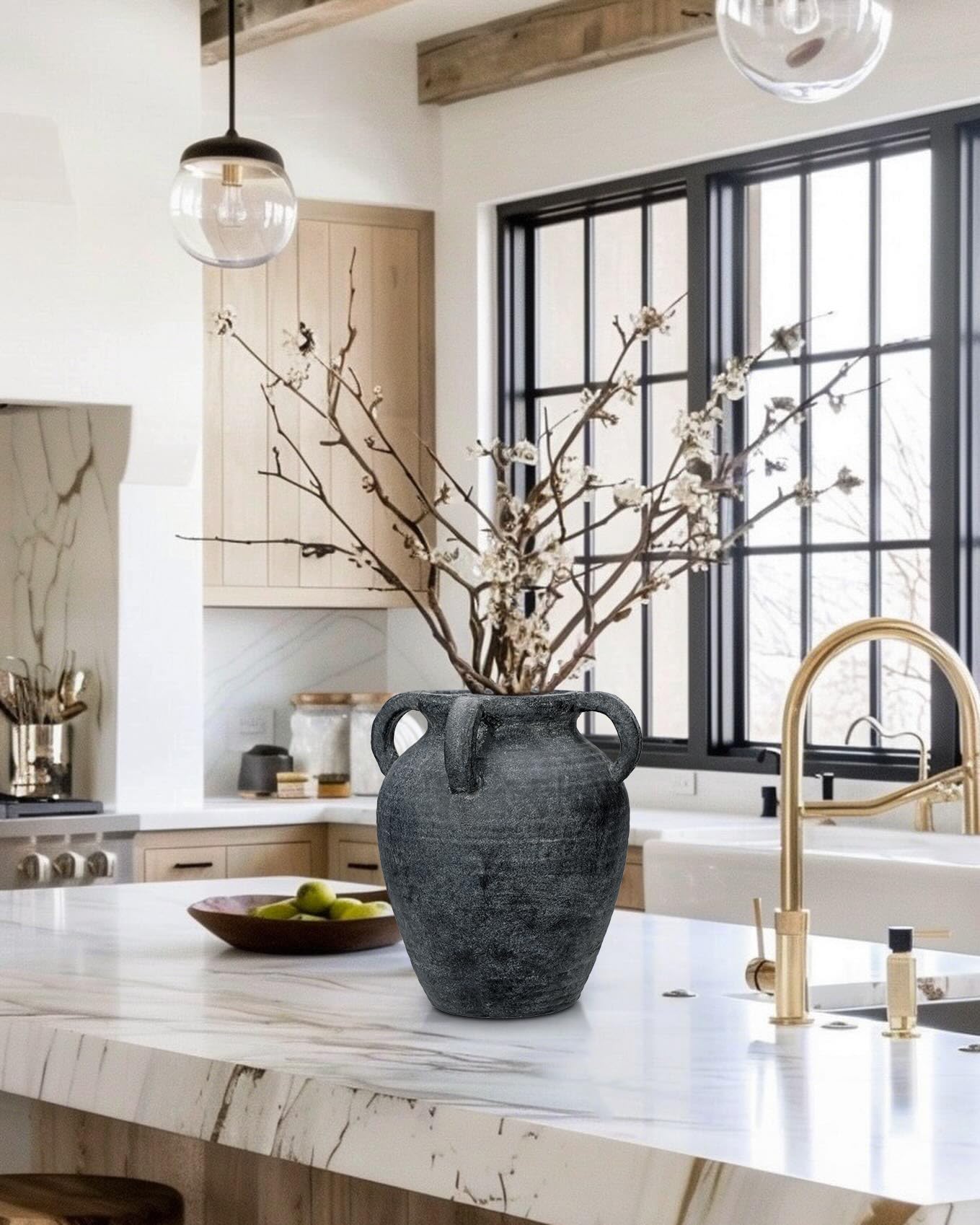 Hohe 30cm Keramikvase Handgemachte Vintage Terrakotta-Vase Tischvase mit Griffen aus Keramik für Deko Wohnzimmer Home Office, Vase für Pampasgras, Rustikales Antikes Dekor, Schwarz