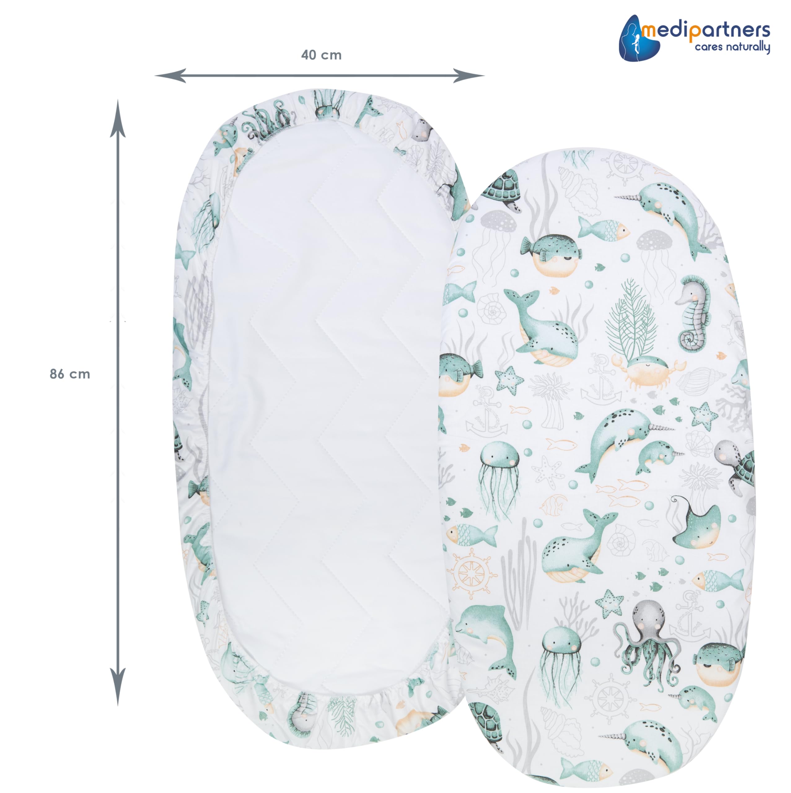Medi Partners Set of 3 pcs. Fitted Sheet Pram 86 x 40 cm 100% Cotton Mattress Protector Baby, Ocean-white-grey, Three pack - Image 4
