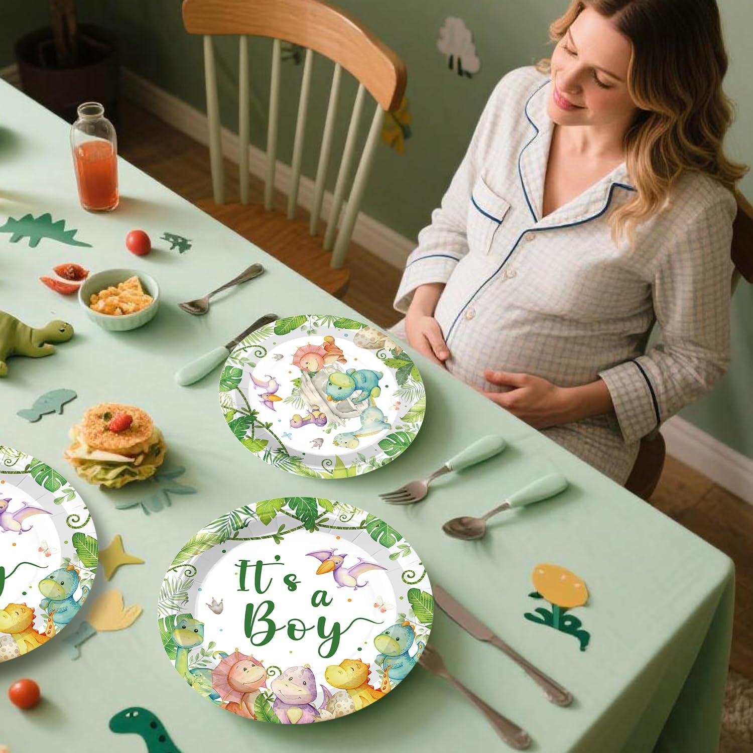 cocomigo 280PCS Dinosaur Baby Shower Decorations, 25 Dinosaur Theme Tableware, Includes It's A Boy Plates and Napkins, Backdrop, Balloon Kit for Hatching Soon Baby Shower Decorations