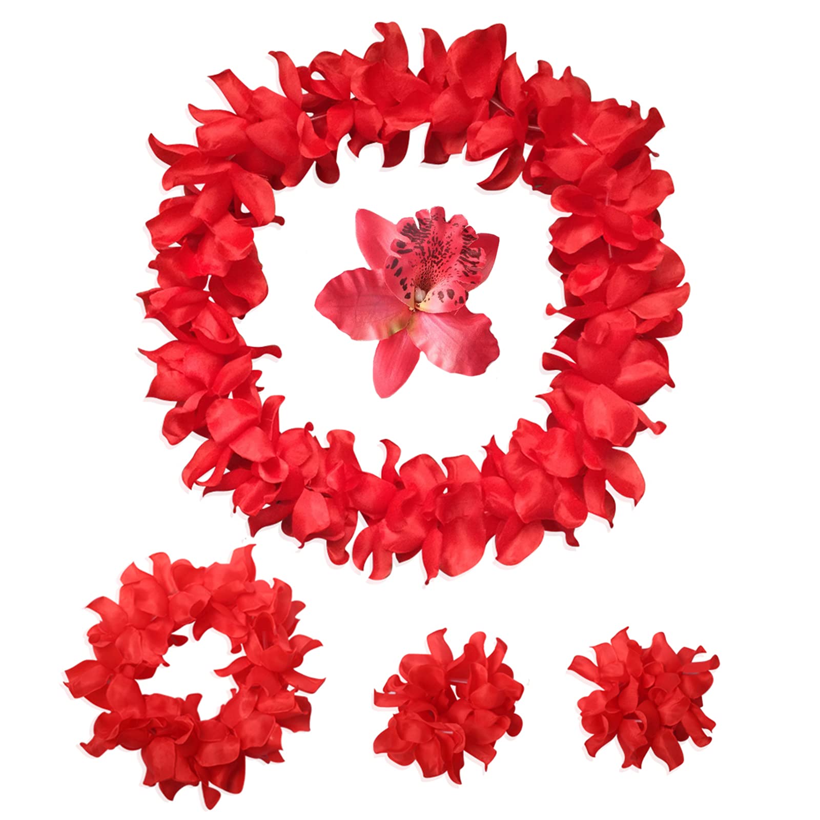 Hawaiian Leis Headband Wristbands Flower Hair Clips Luau Tropical Women Necklace Headpiece Hair Bands Hairband Bracelets Summer Beach Pool Cosplay Dress Up Birthday Party Decorations Supplies Red