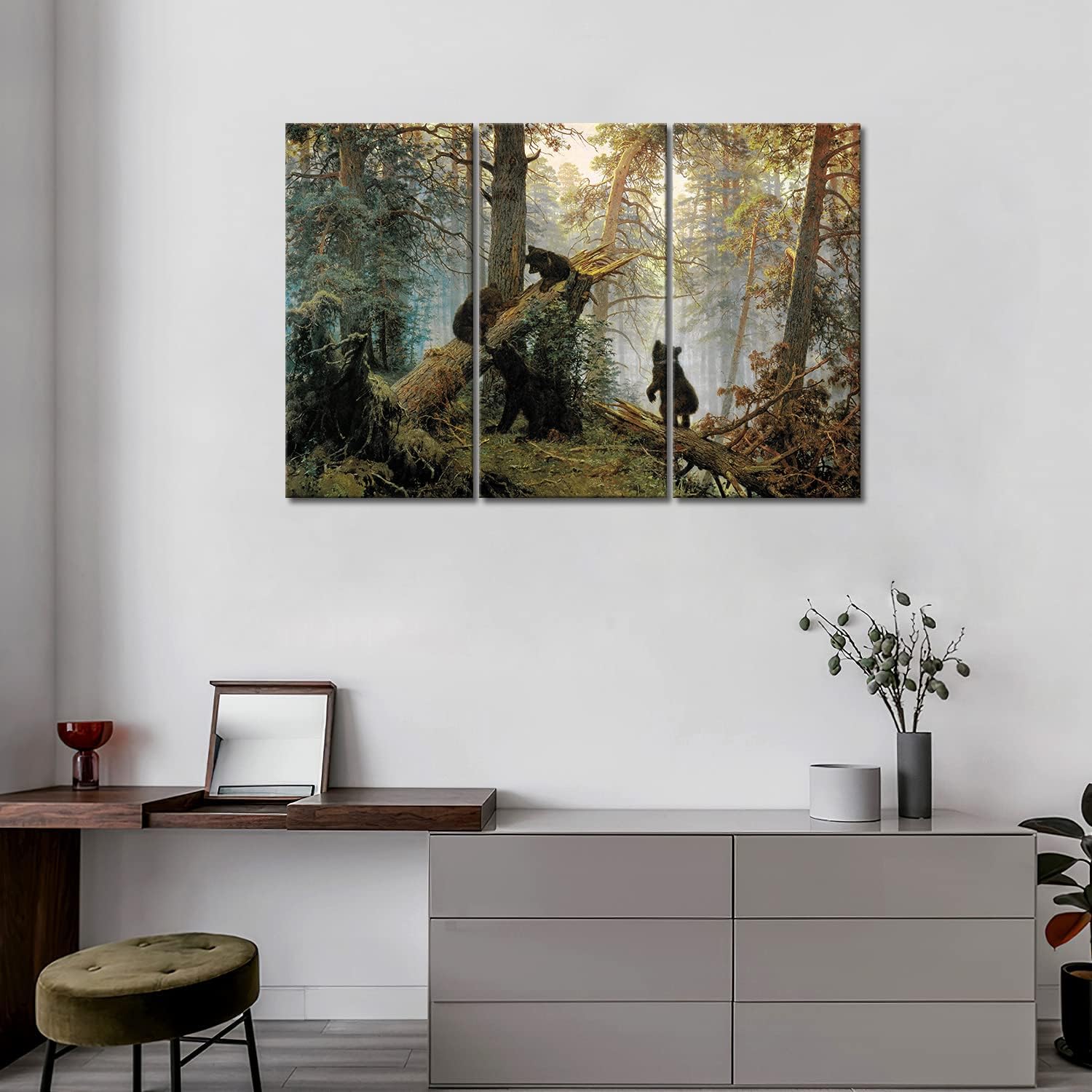 Black Bear Wall Art Bears Play in Forest Broken Tree Canvas Painting The Picture Print On Canvas Animal Pictures for Home Decor Decoration Gift 3 Piece