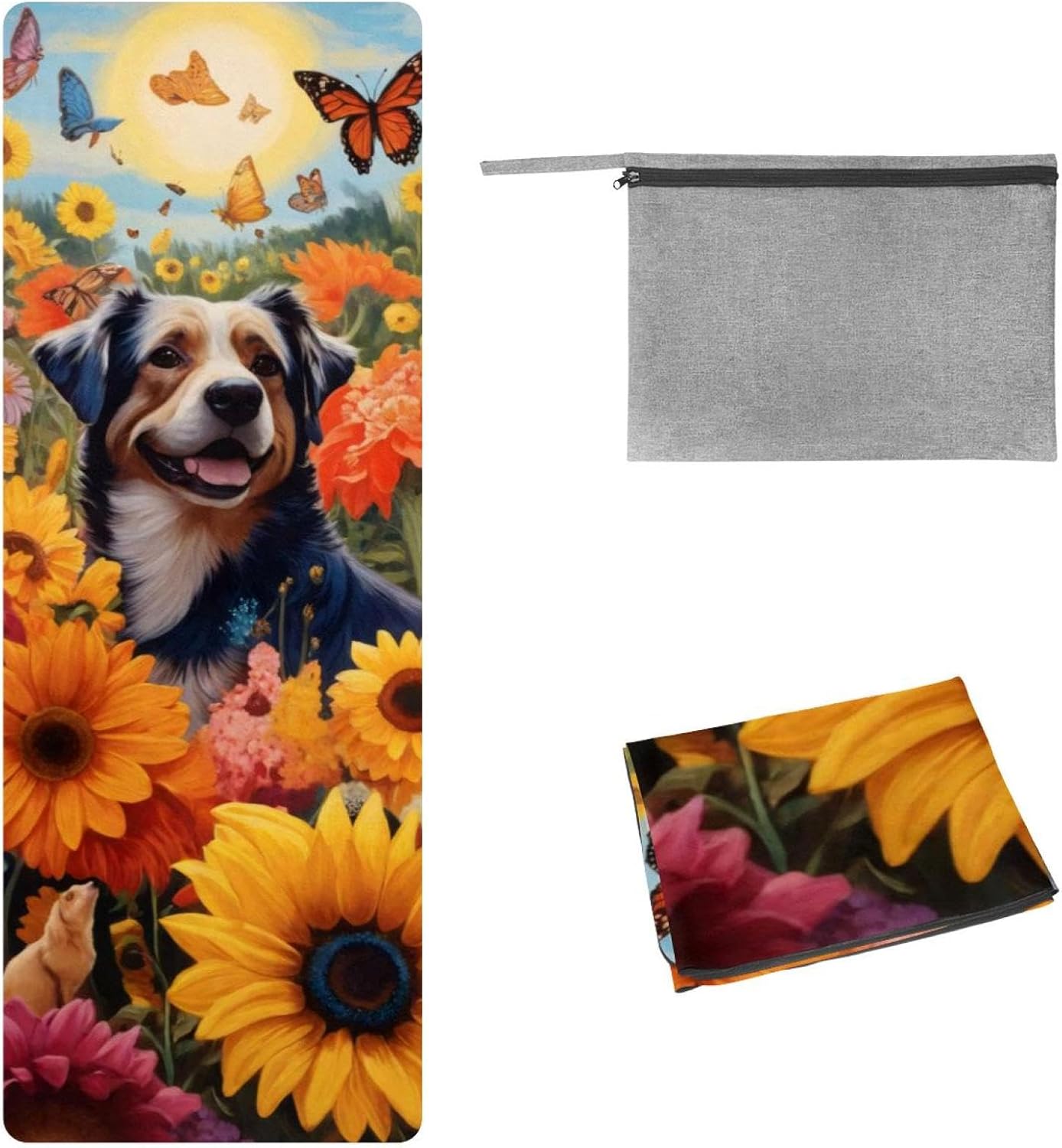 Yoga Towel, Spring Sunflower Butterflies Dog Non Slip Sweat Absorbent Hot Yoga Mat Towel for Hot Yoga, Pilates and Fitness - 72.8" x 26.8"