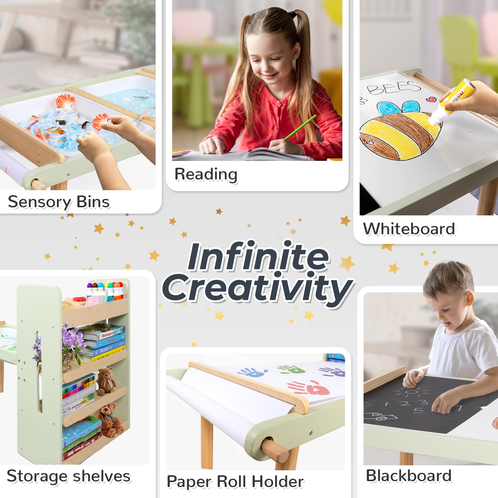 LOL-FUN Table Sensorielle pour Enfant avec 2 Petits Tabourets, Cadeau Table en Bois avec 2 Bacs de Rangement pour Garçons et Filles,Table D'activités pour Apprendre, Jouer et Dessin