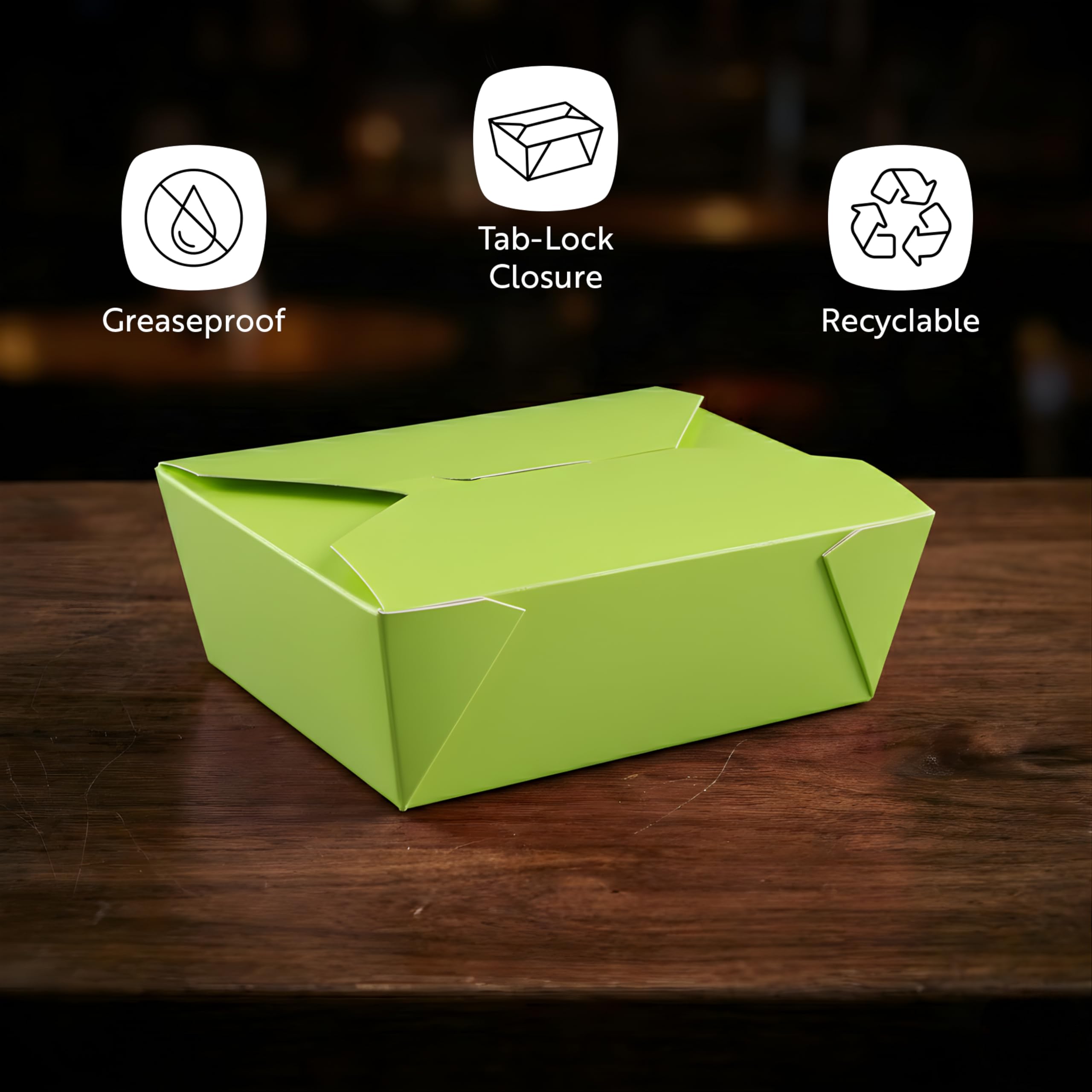 Restaurantware Bio Tek - Cajas para llevar de 1,275.7 g, 50 loncheras para llevar, con cierre de pestañas, resistentes al calor, de papel verde, desechables, a prueba de grasa, para alimentos fríos y