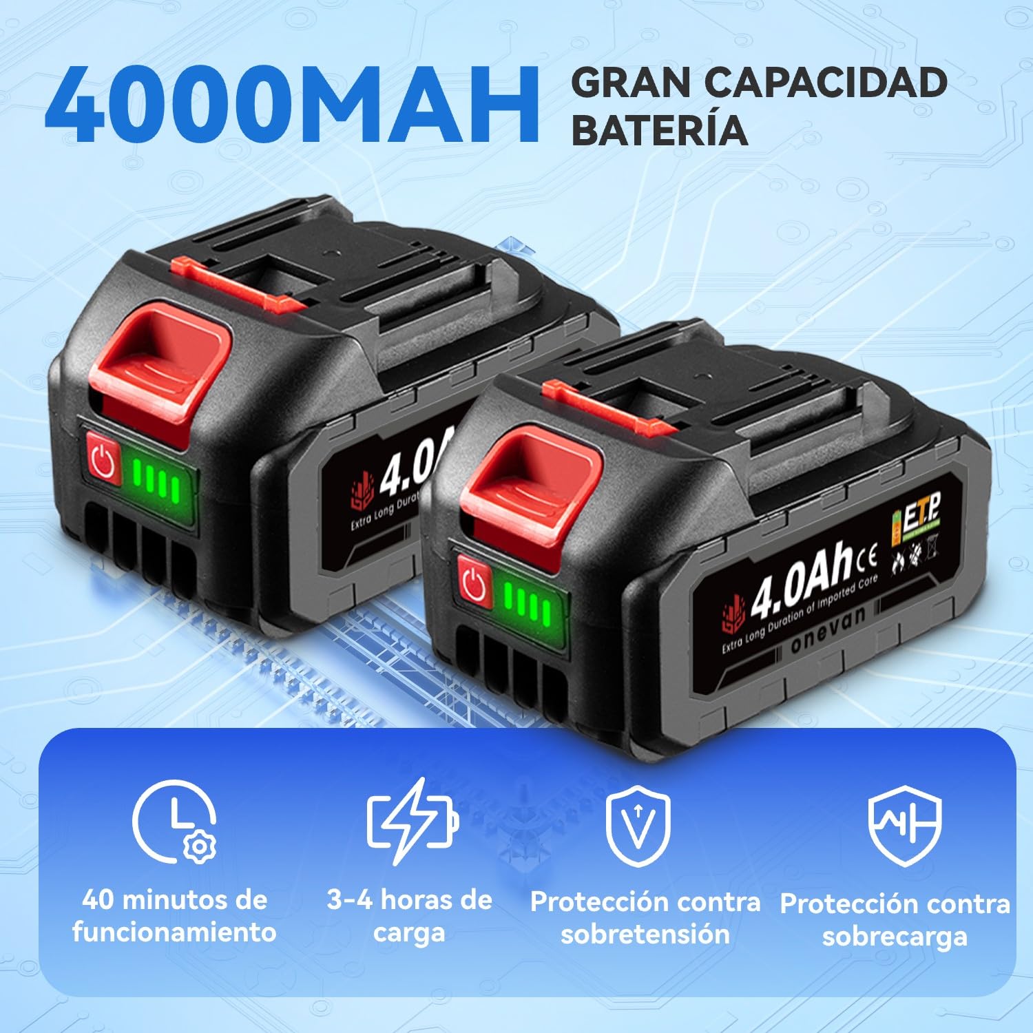 ONEVAN hidrolimpiadora bateria, 80bar, 2 baterías 4,0Ah, Prensa Espiral | Autonomía la batería 60min, Pantalla LCD, 5 en 1 boquilla, 3 etapas, alcance 10m, para lavado coches y limpieza jardines