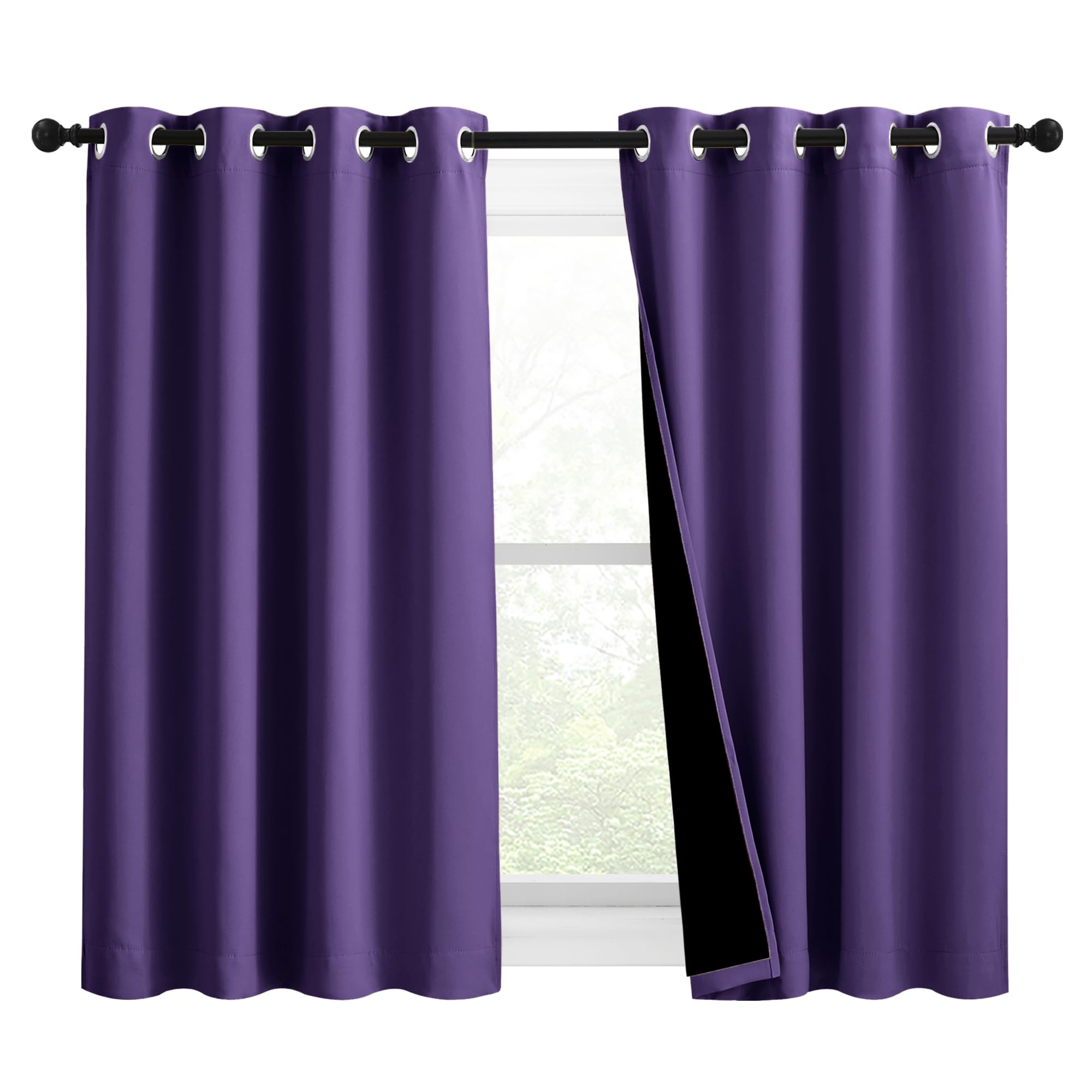 NICETOWN 100% Blackout Curtains with Black Liners, Solid Thermal Insulated Full Blackout 2-Layer Lined Drapes, Energy Efficiency Window Draperies for Bedroom (2 Panels, 46" W by 54" L, Lilac Purple)