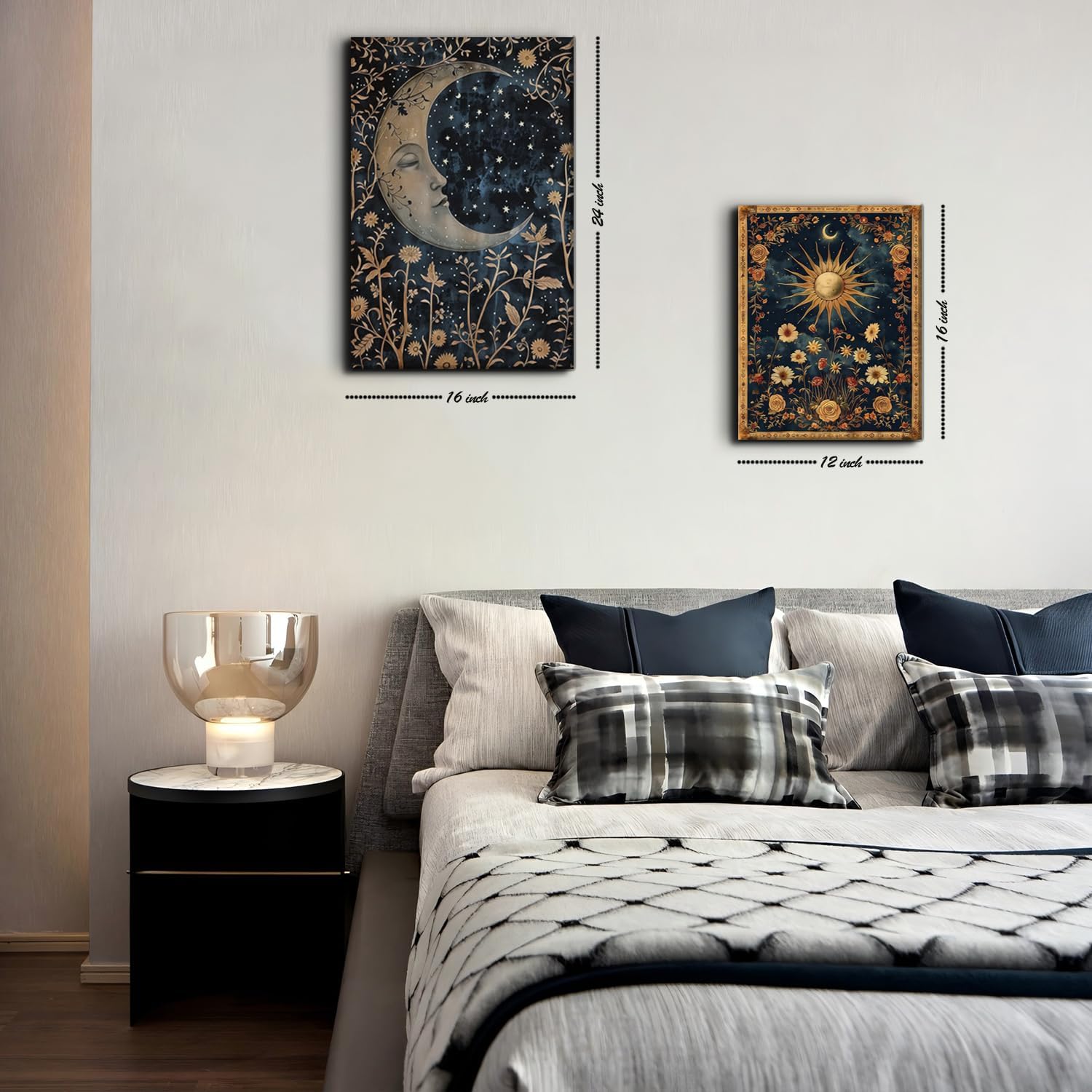 Framed Tarot Crescent Moon Canvas Wall Art Set of 3 - Psychedelic Retro Sun and Moon Celestial Picture Wall Decor Gothic Wildflowers Posters Print Artwork Aesthetic Dark Academia Home Decor 12×16In