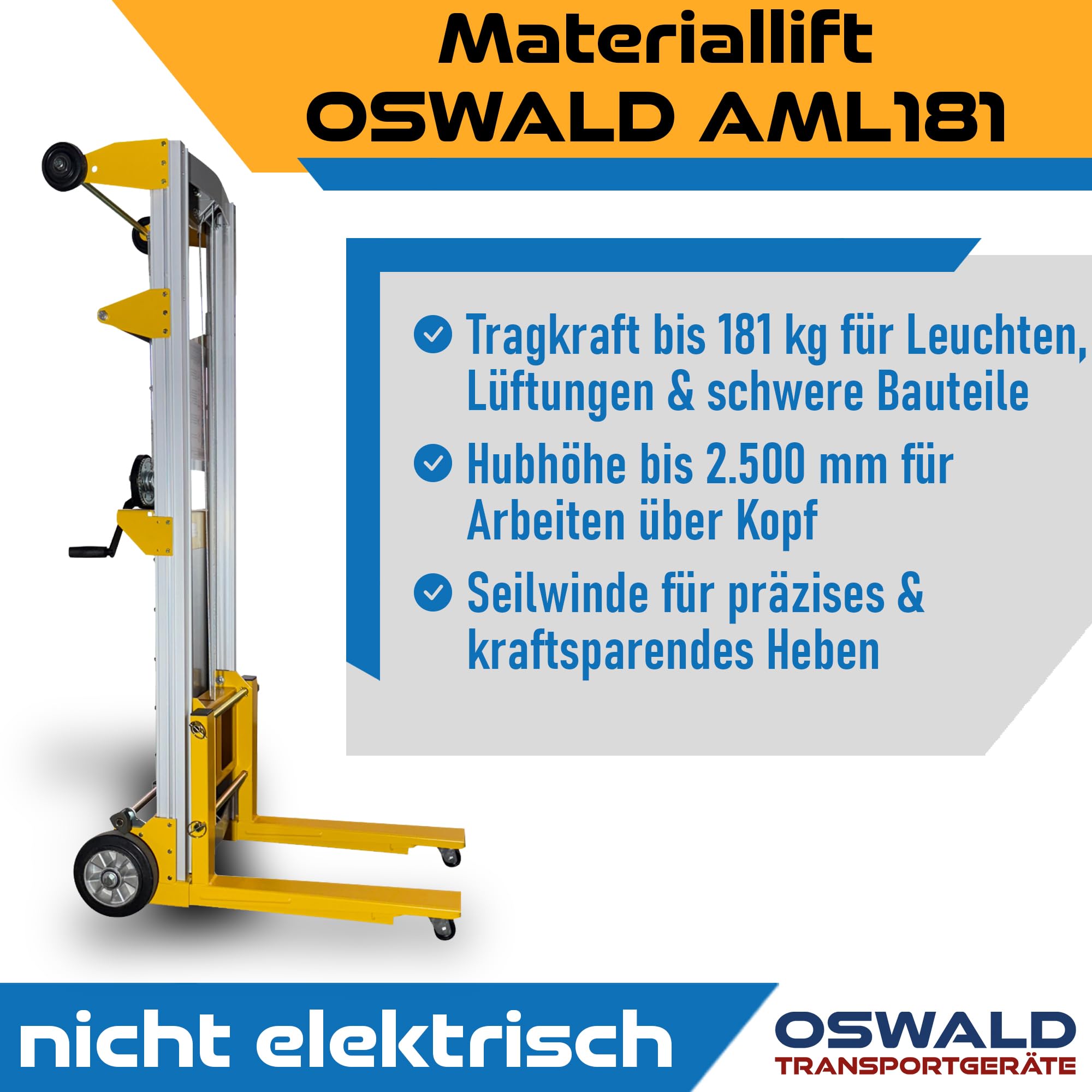 Materiallift AML181 mit Seilwinde - 181 kg Tragkraft - 2.500 mm Hubhöhe - Handstapler