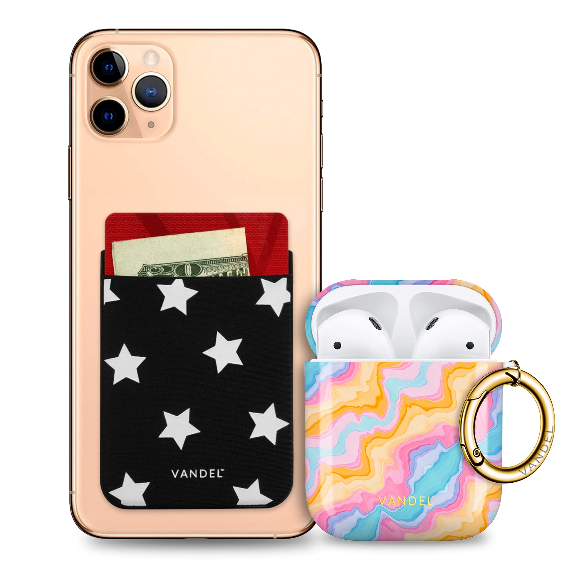 Vandel Matching Phone Wallet and AirPods Case for Women, Stars Design, Cute Credit Card Holder Pocket and Hard Protective AirPod Cover with Keychain for Girls, Aesthetic Designs