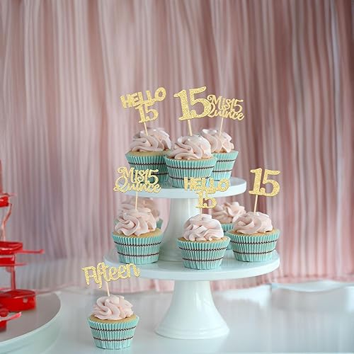 Miniatura 9 de Gyufise 24 adornos dorados para cupcakes de cumpleaños número 15 con purpurina Mis membrillo 15 15 decoraciones para cupcakes para cumpleaños de 15